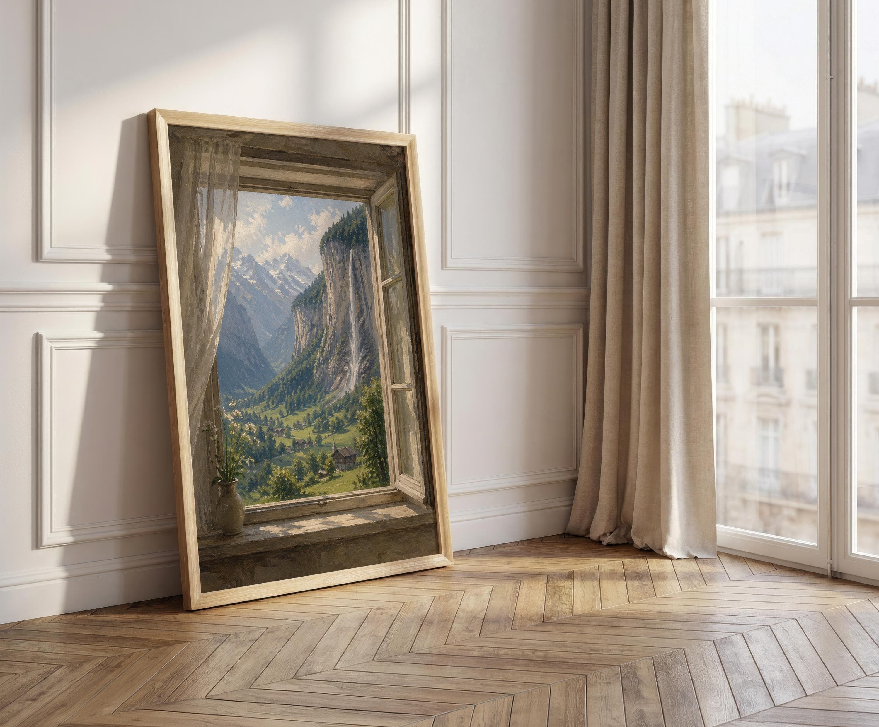 Lauterbrunnen Valley Window View Print, Swiss Alps Wall Art, Staubbach Falls Painting, Switzerland Landscape, Alpine Wall Decor - image 3