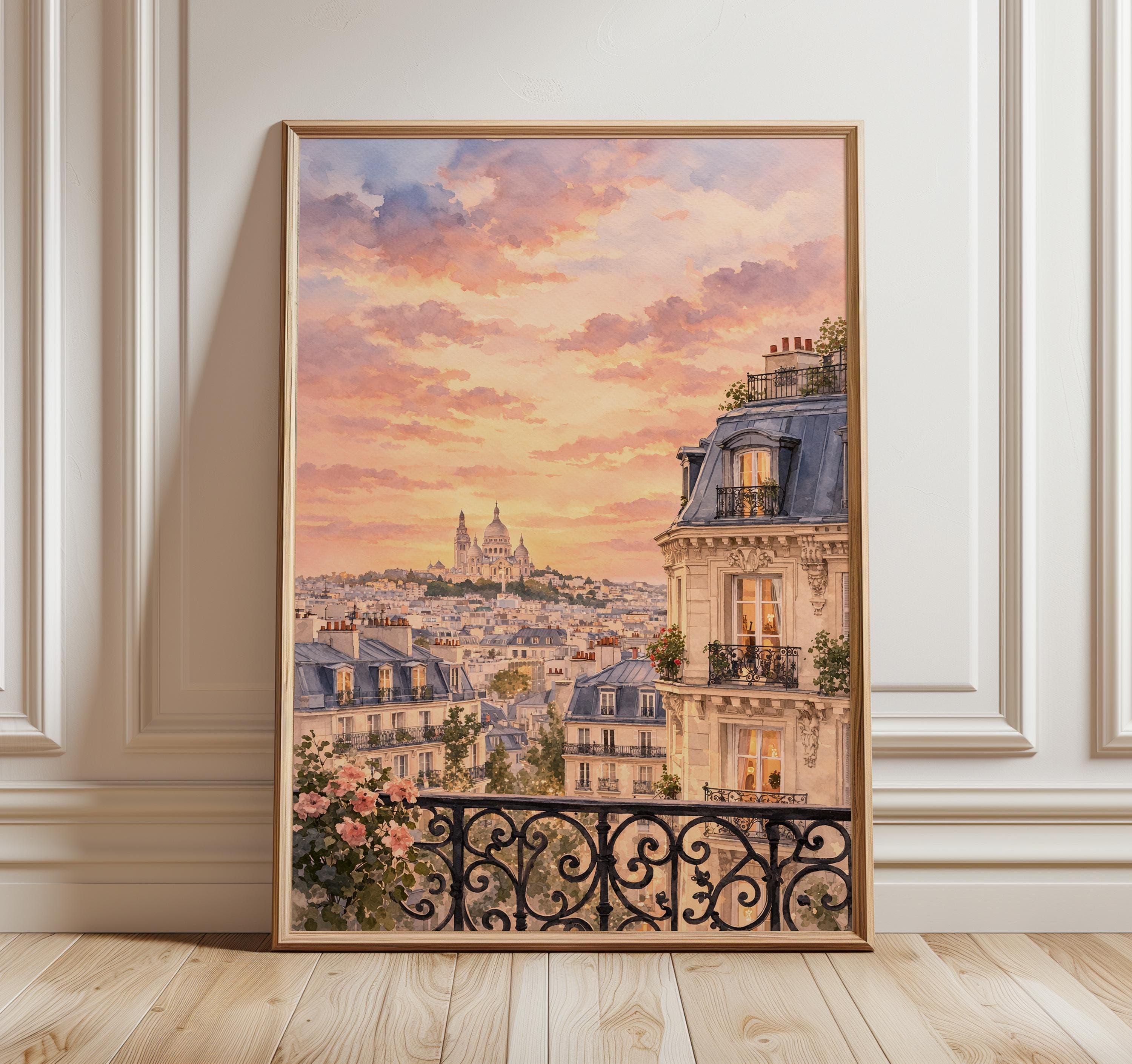 Paris Rooftop Wall Art Print, Romantic Paris Sunset Watercolor, Sacre Coeur Poster, French Apartment View Decor, Parisian Cityscape