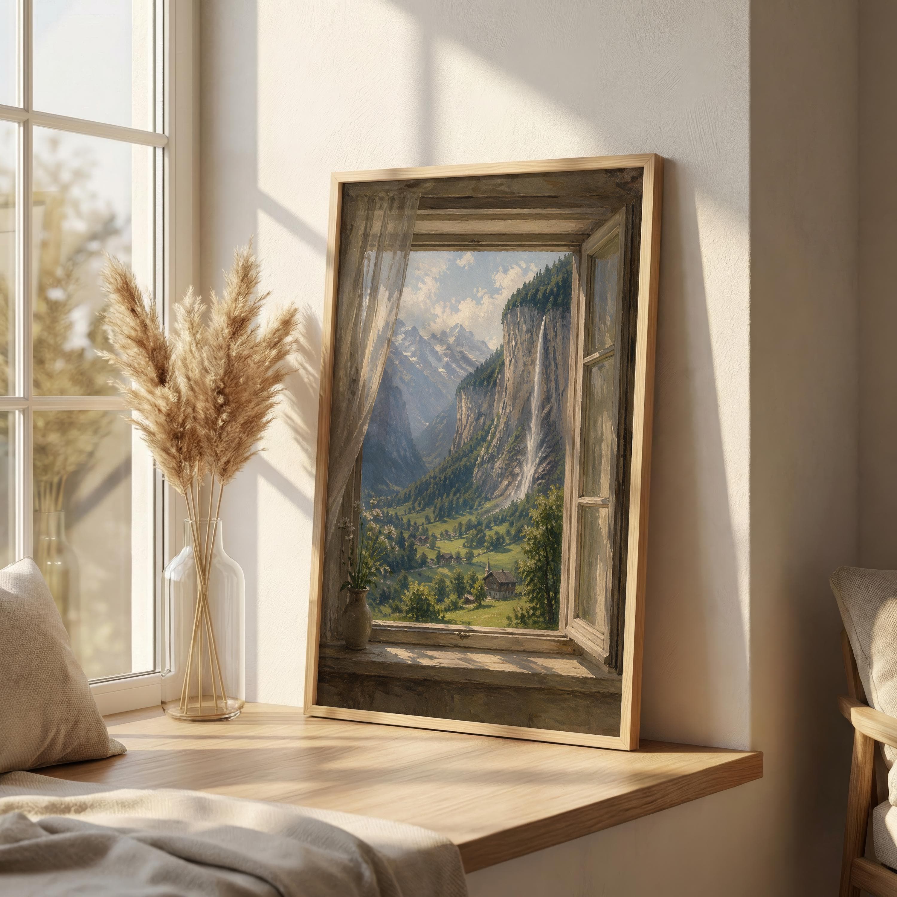 Lauterbrunnen Valley Window View Print, Swiss Alps Wall Art, Staubbach Falls Painting, Switzerland Landscape, Alpine Wall Decor - image 5