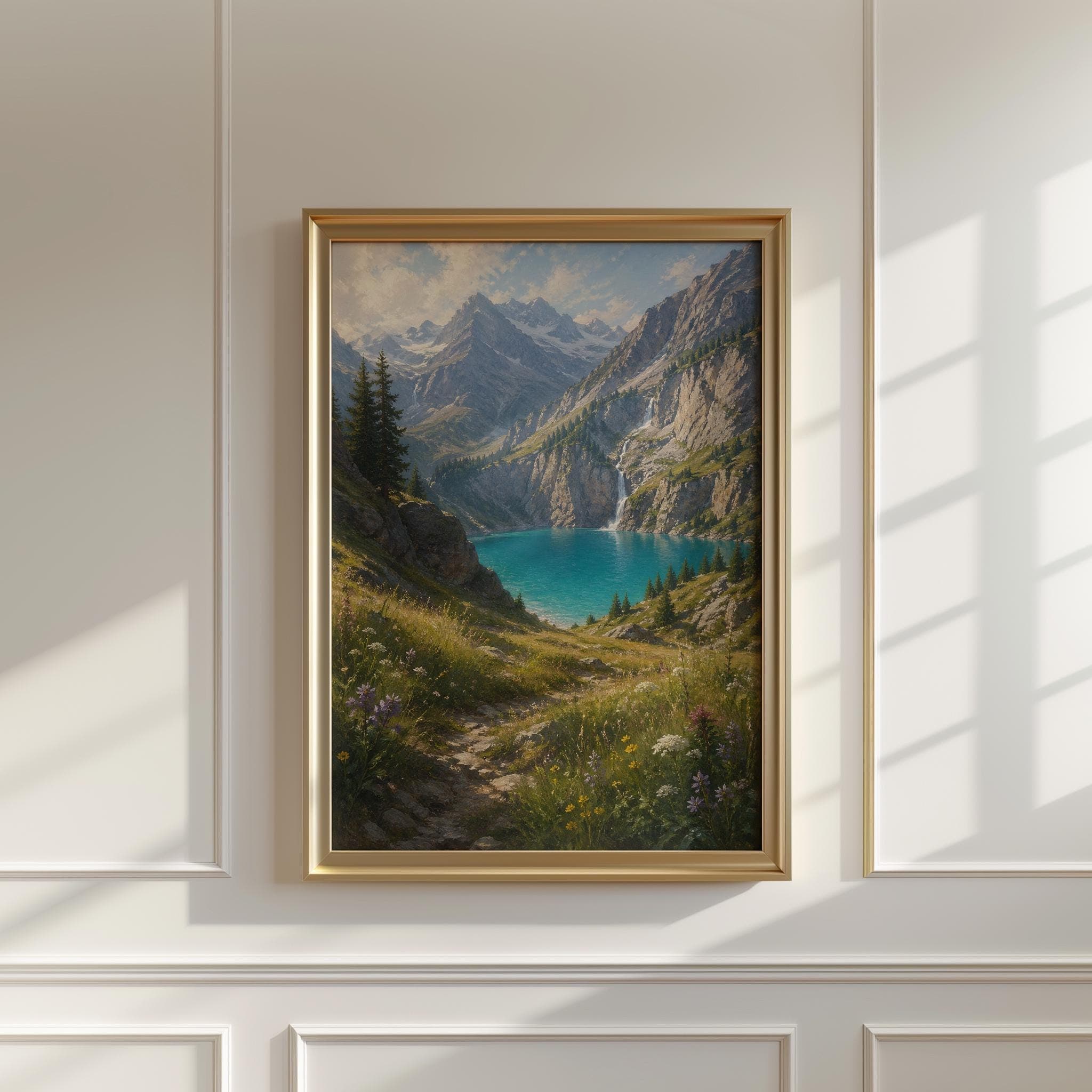 Oeschinen Lake Wall Art Print, Swiss Alps Landscape Painting, Alpine Meadow Decor, Turquoise Lake Artwork, Mountain Print - image 4