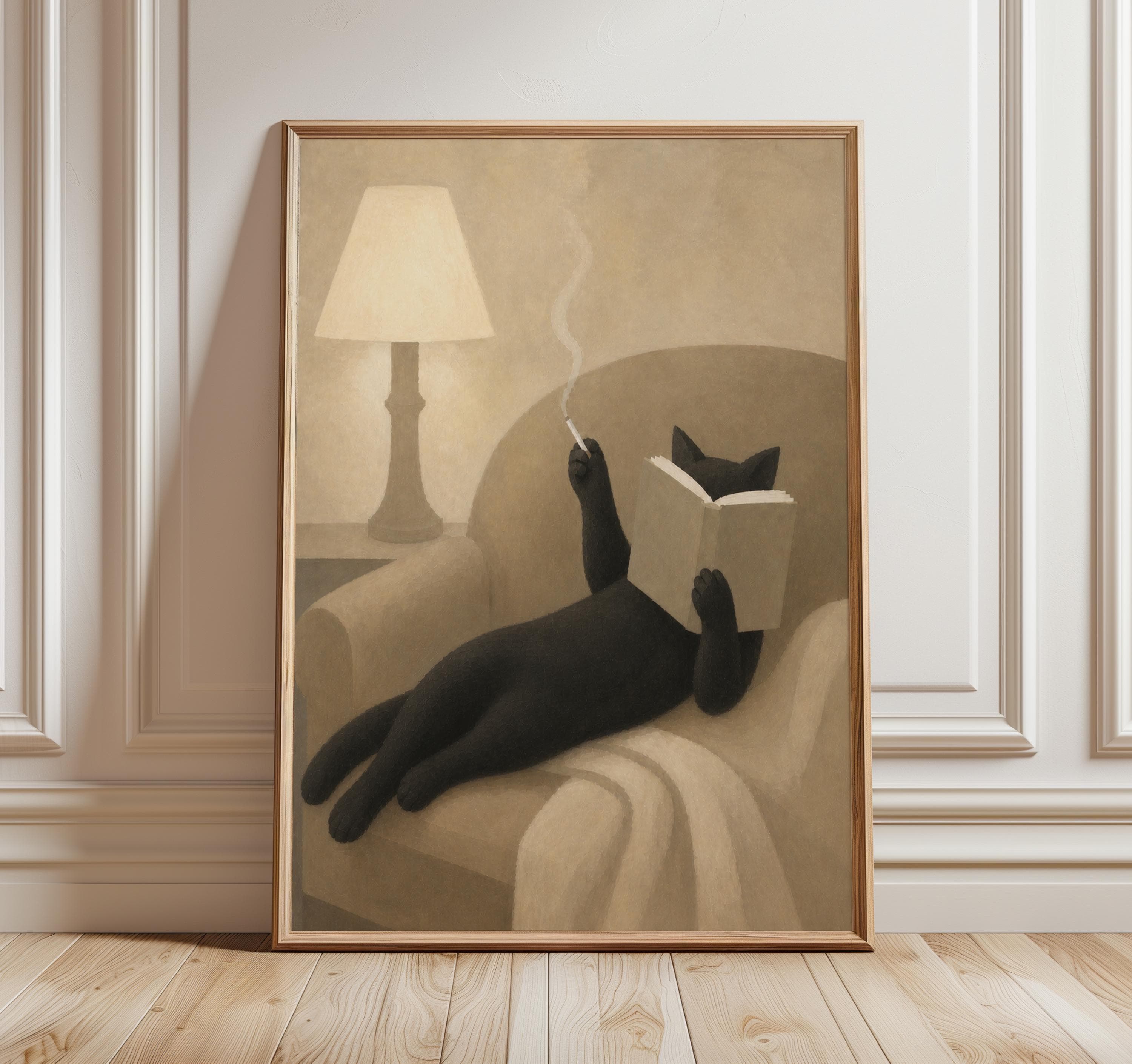 Black Cat Reading Print, Abstract Cat Wall Art, Beige Neutral Cat Poster, Cozy Book Lover Decor, Smoking Cat Painting