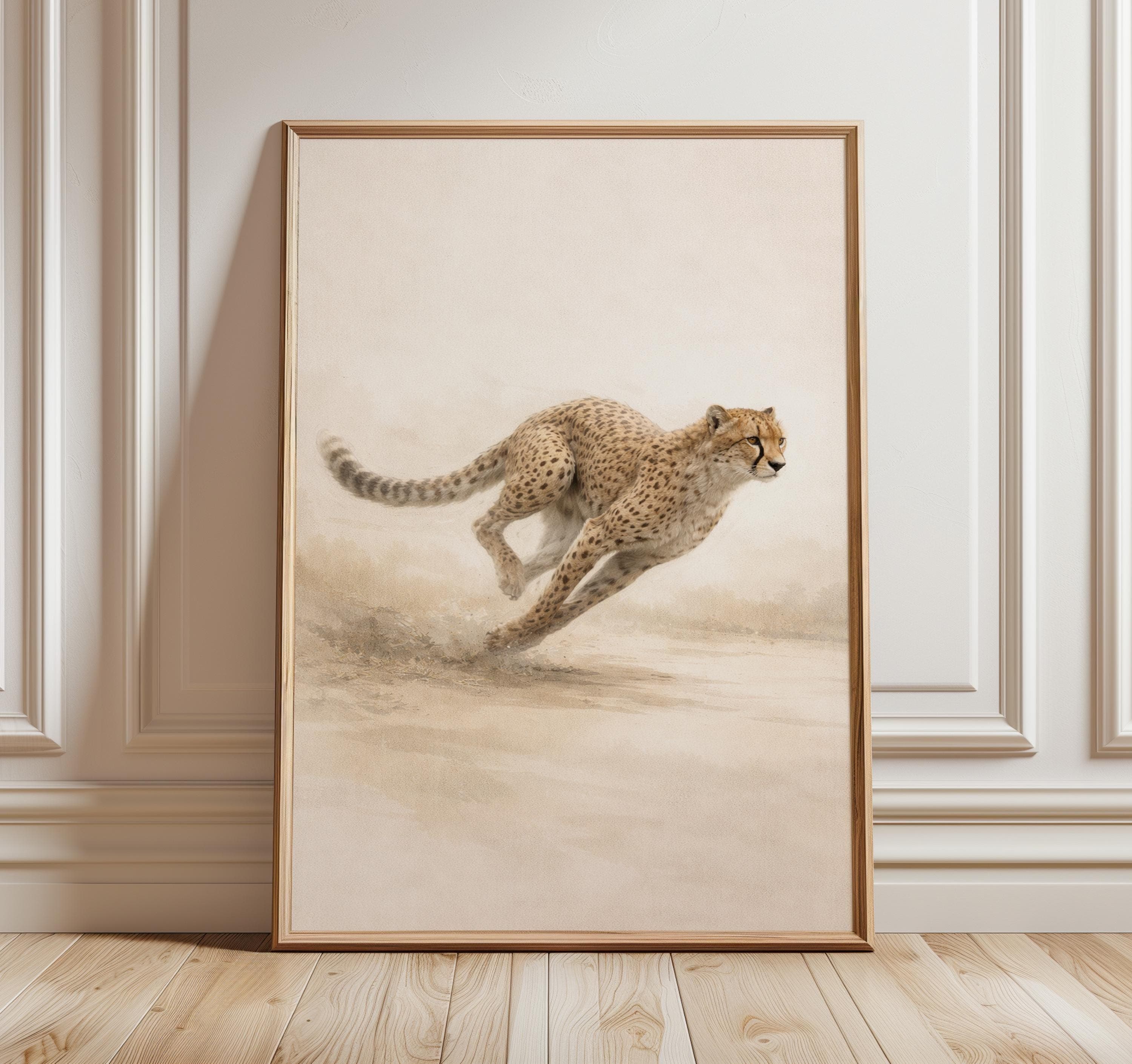 Cheetah Running Wall Art Print, Minimalist Wildlife Poster, Safari Animal Artwork, Neutral Beige Cheetah Decor, Modern Animal Art