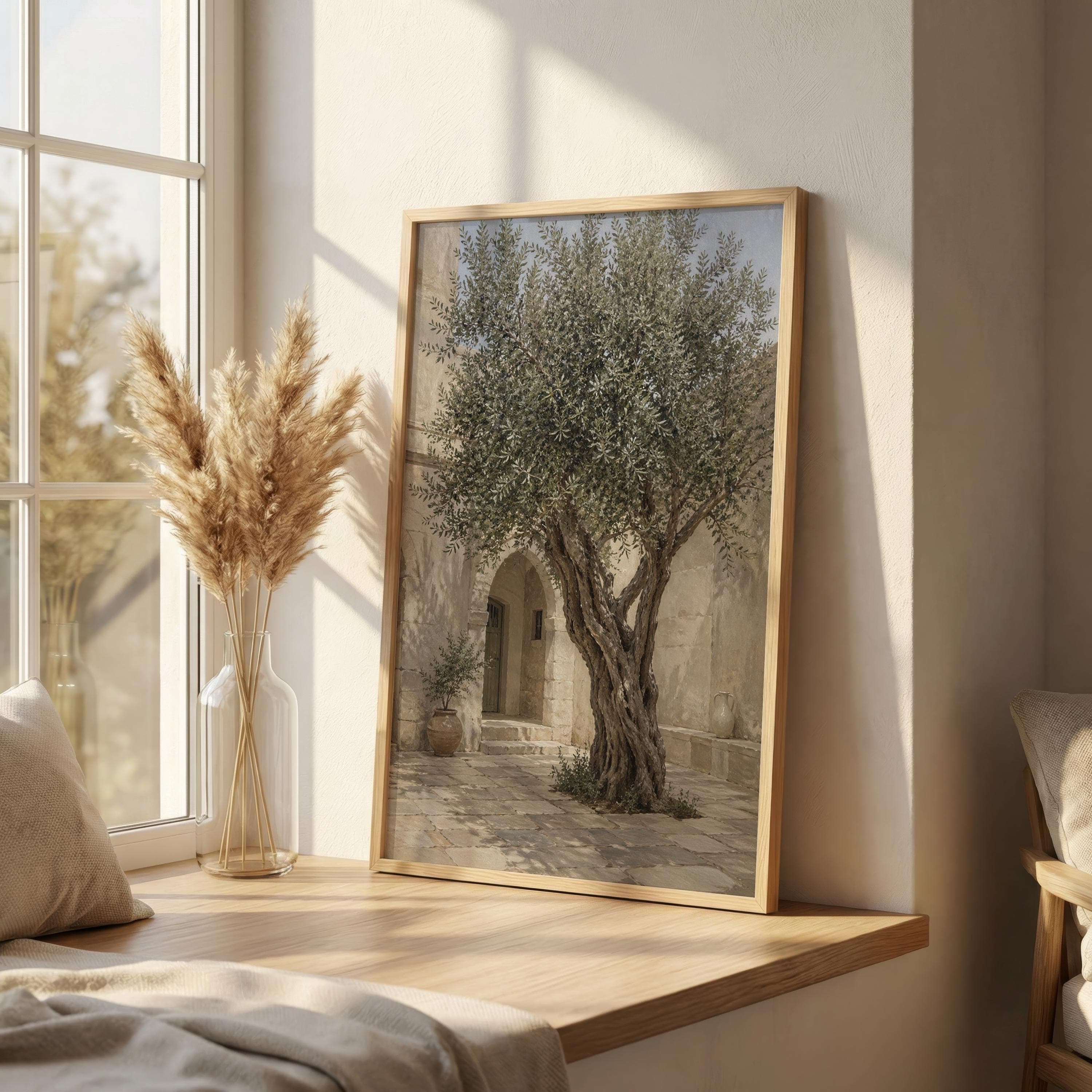 Olive Tree Courtyard Print, Neutral Mediterranean Wall Art, Beige Stone Architecture Painting, Rustic Fine Art Decor - image 5