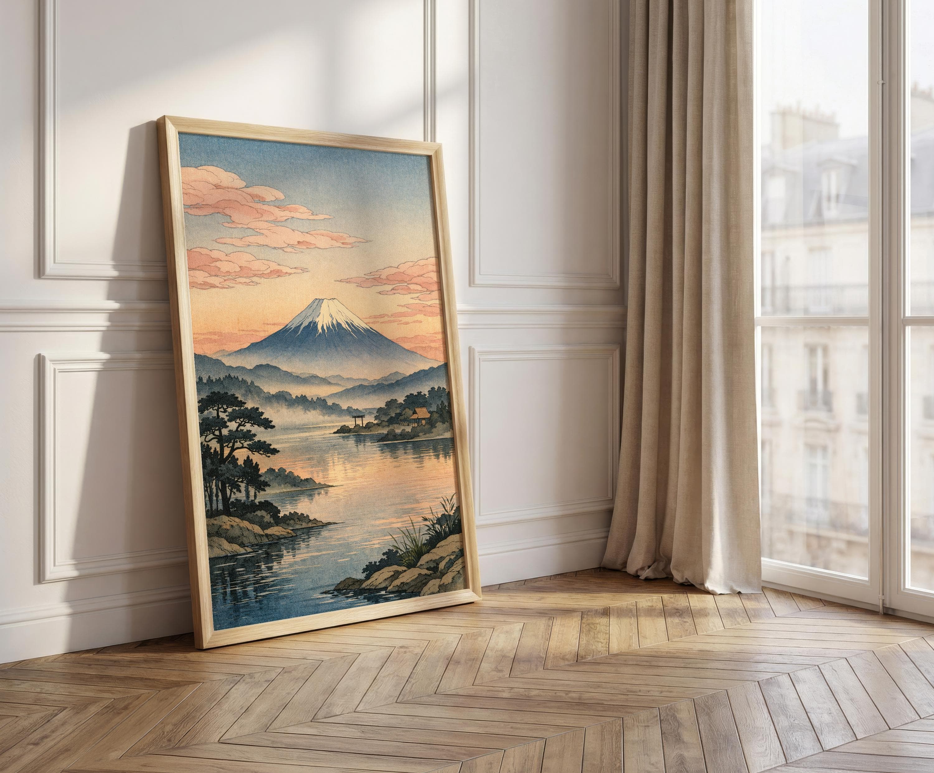 Mount Fuji Japanese Wall Art Print, Ukiyo-e Landscape Poster, Vintage Japan Lake Scene, Zen Decor, Sunrise Mountain Artwork - image 3