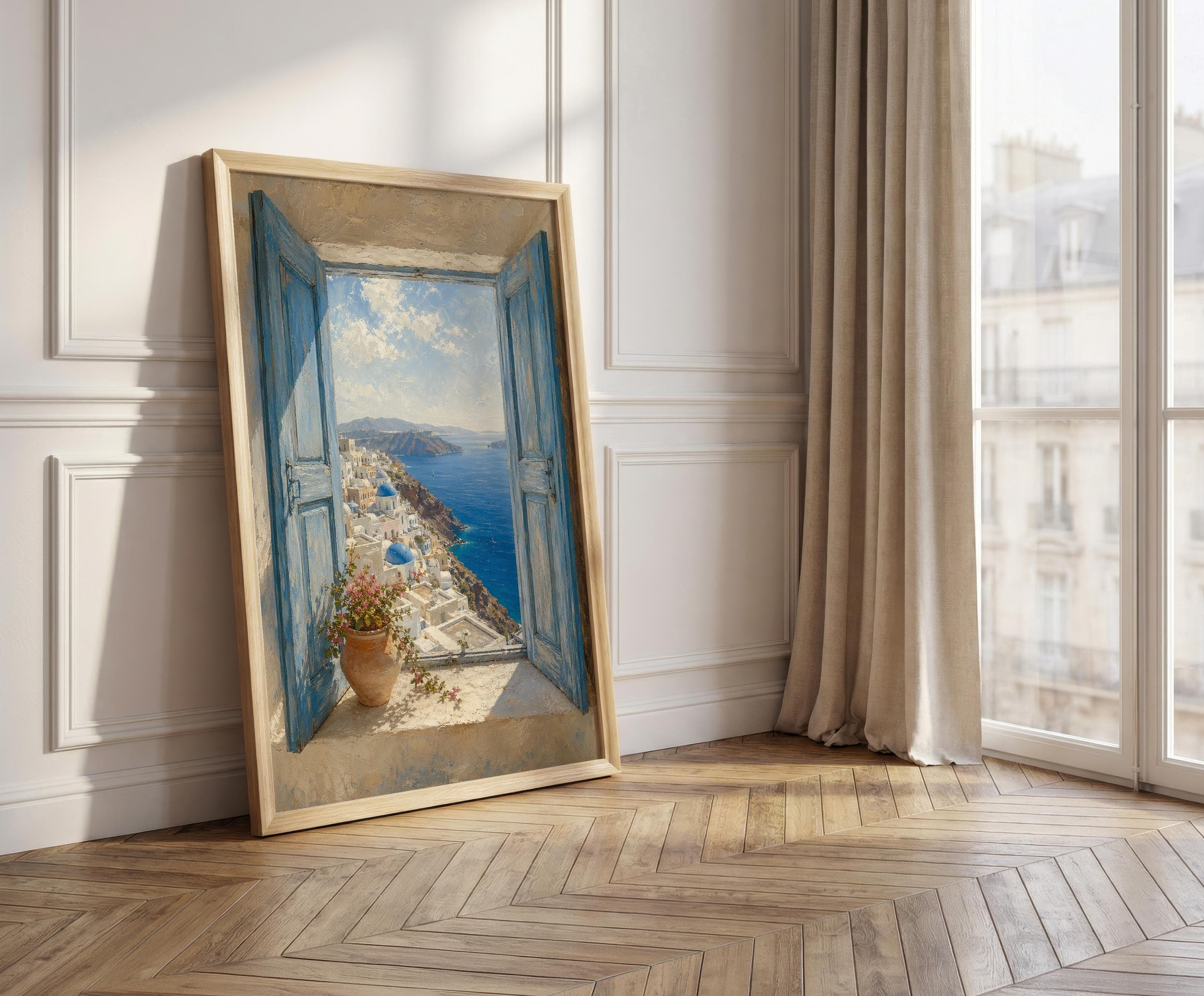 Santorini Window View Wall Art, Greek Island Sea View Print, Blue Shutters Coastal Decor, Oia Greece Travel Poster - image 5