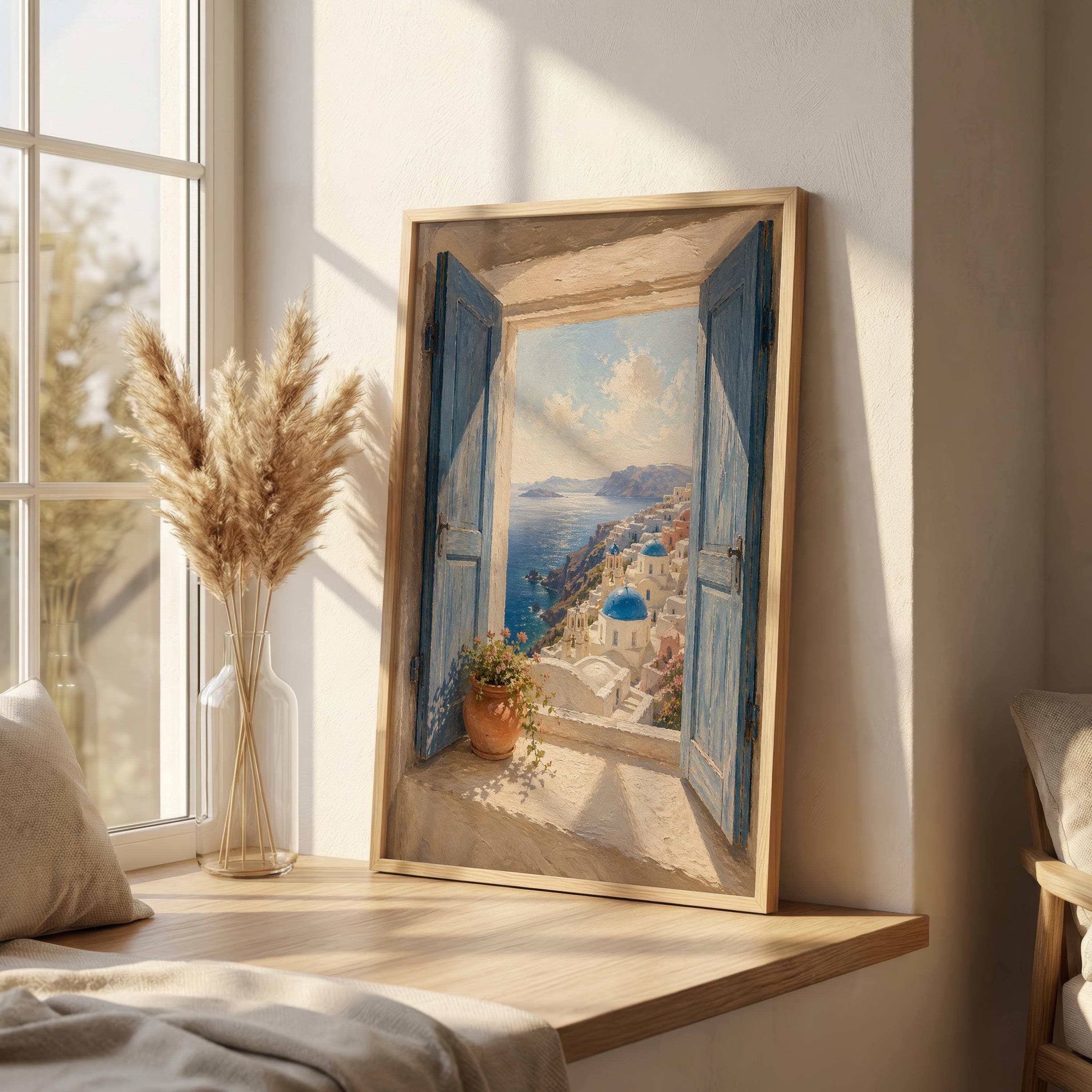 Santorini Wall Art Print, Greek Island Window View, Blue Shutters Sea View, Mediterranean Coastal Decor, Oia Greece Poster - image 3