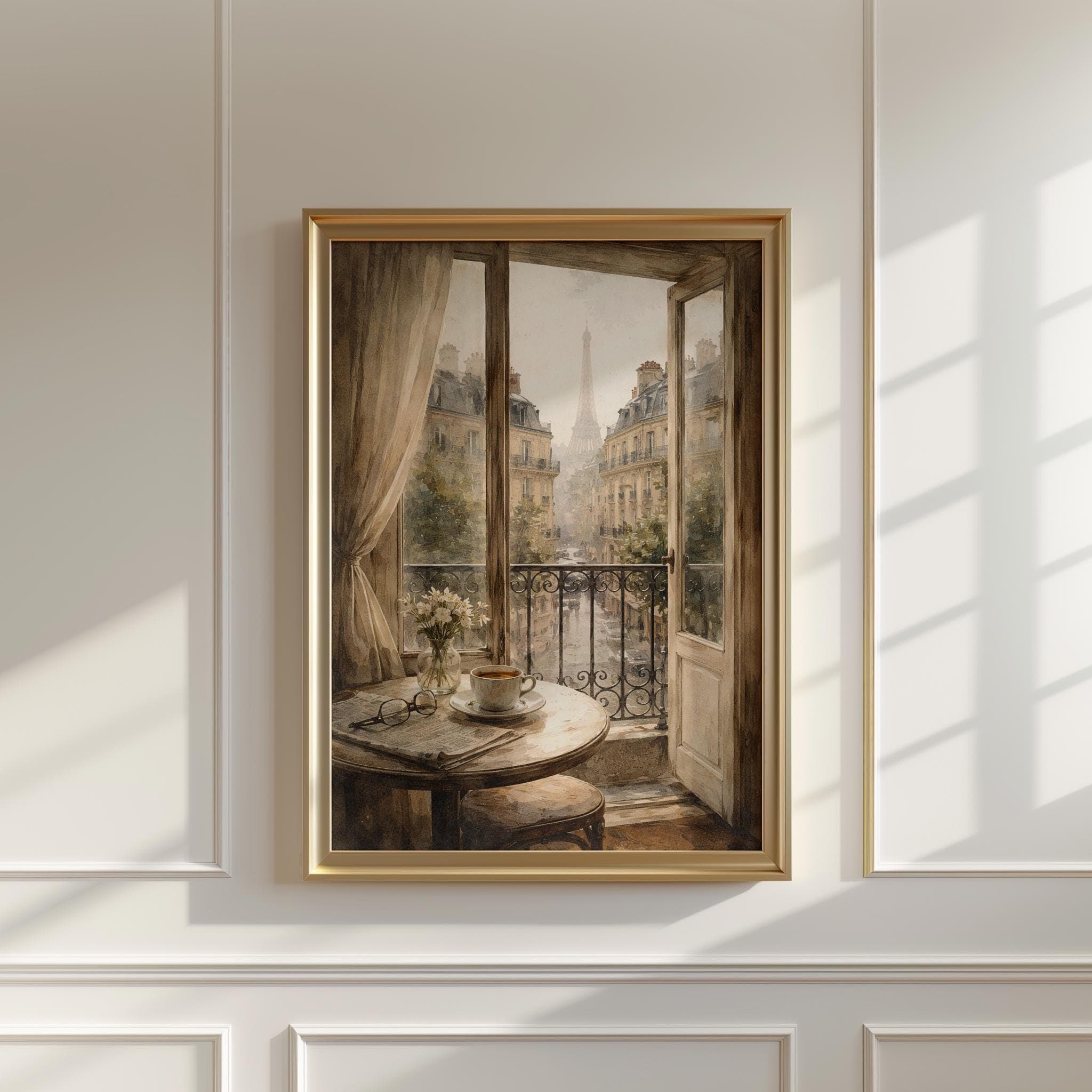 Paris Cafe Window Print, Paris Wall Art, French Apartment View, Rainy Paris Watercolor, Coffee Wall Decor, Romantic Neutral Art - image 3