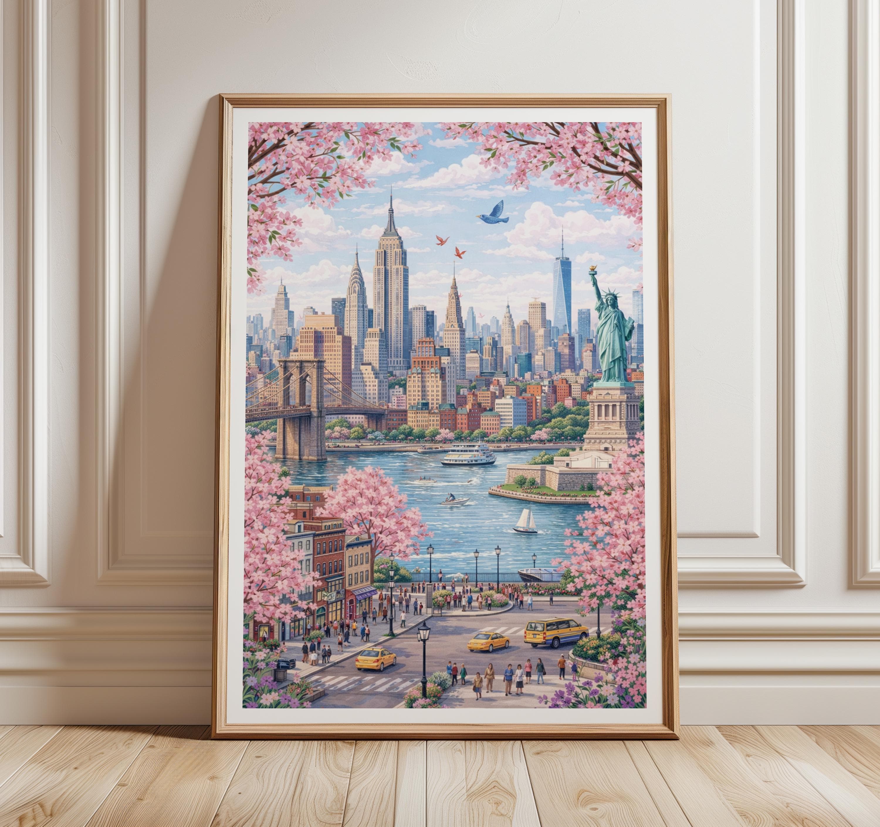 New York Poster | Statue of Liberty & Brooklyn Bridge Print | Pastel NYC Wall Art | USA Spring Decor | New York Skyline | Travel Gift - image 3