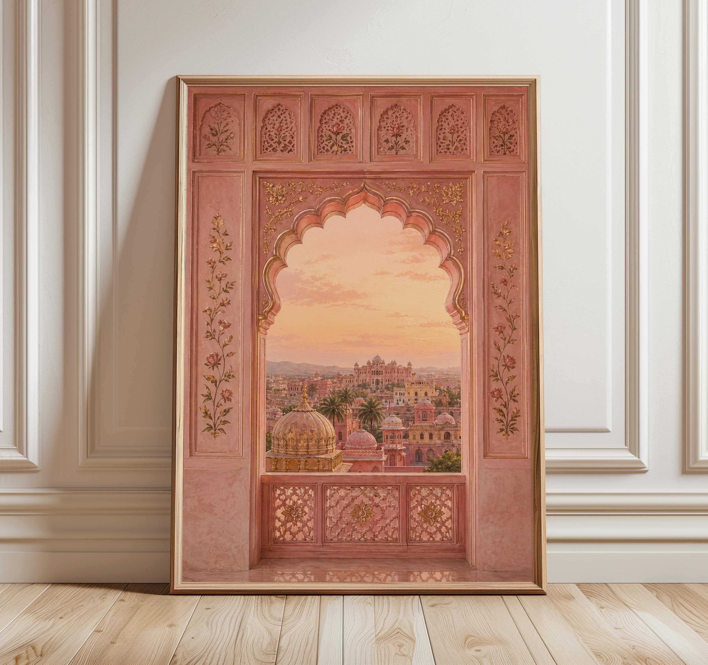 Jaipur Pink City Window Wall Art, Rajasthani Palace View Print, Indian Arch Poster, Mughal Architecture Decor