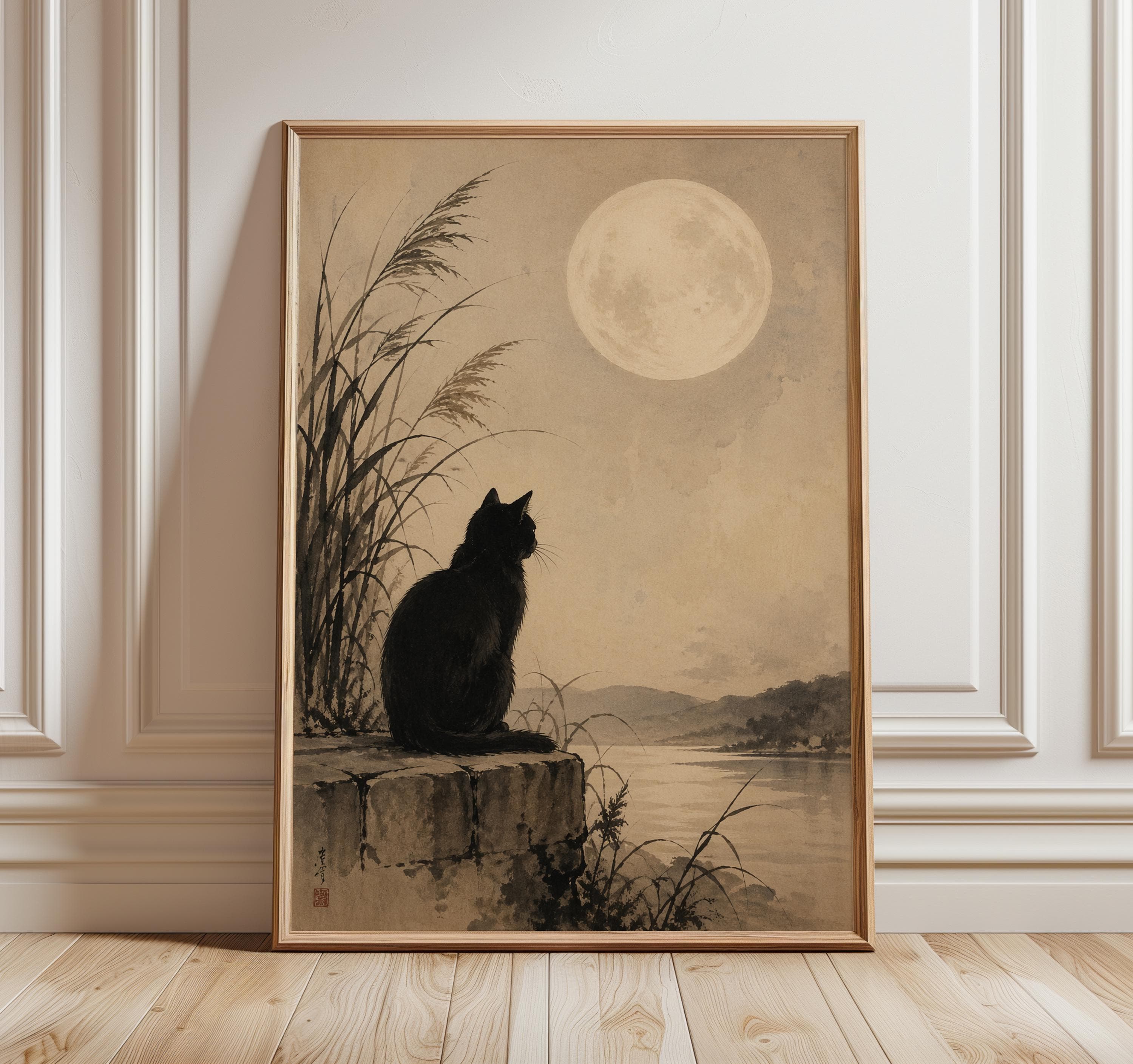 Black Cat Wall Art, Japandi Moon Print, Zen Cat Artwork, Japanese Style Night Landscape, Minimalist Neutral Animal Decor