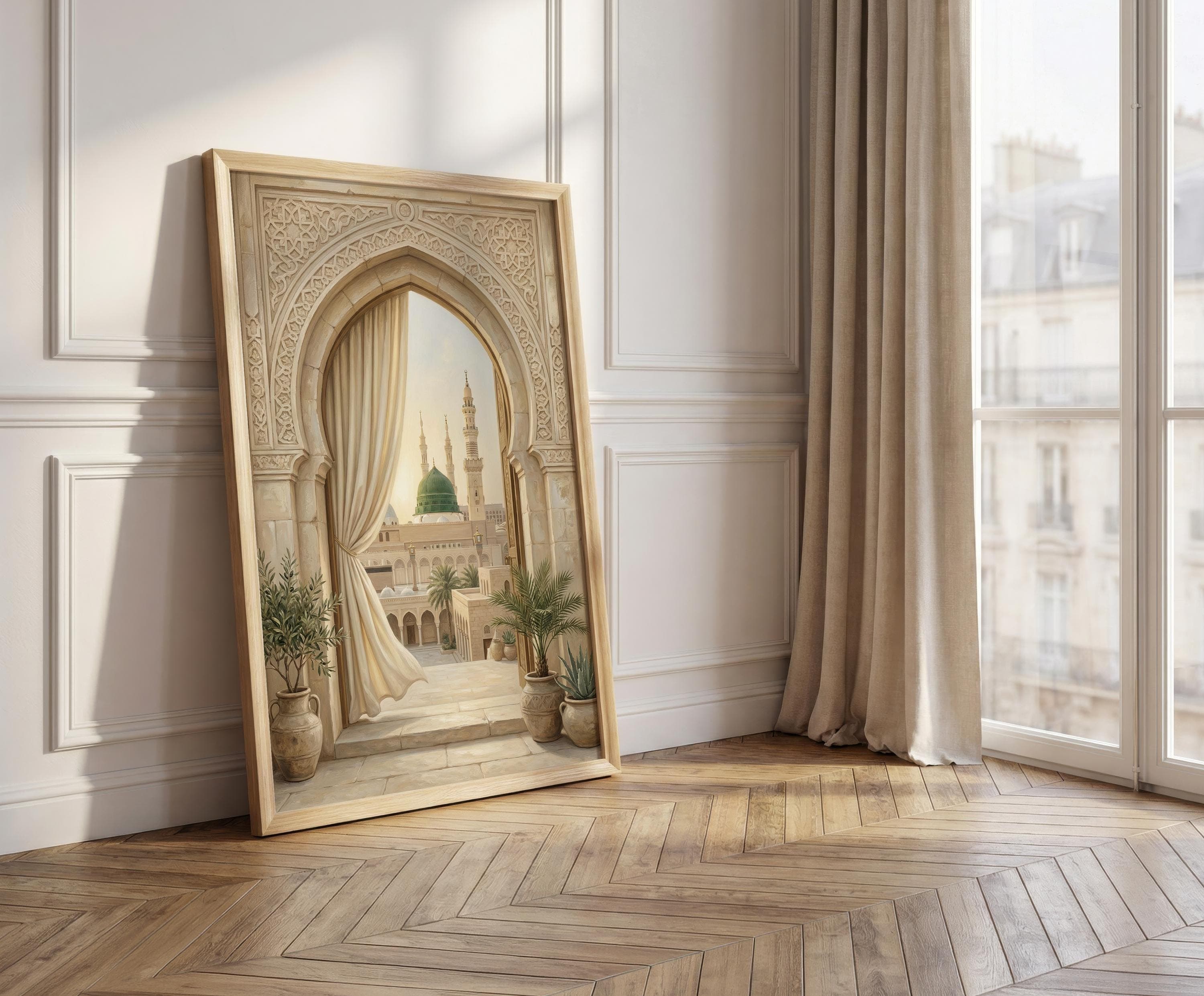 Medina Arch Wall Art Print, Masjid Nabawi Green Dome Artwork, Islamic Architecture Decor, Mosque View Painting - image 3