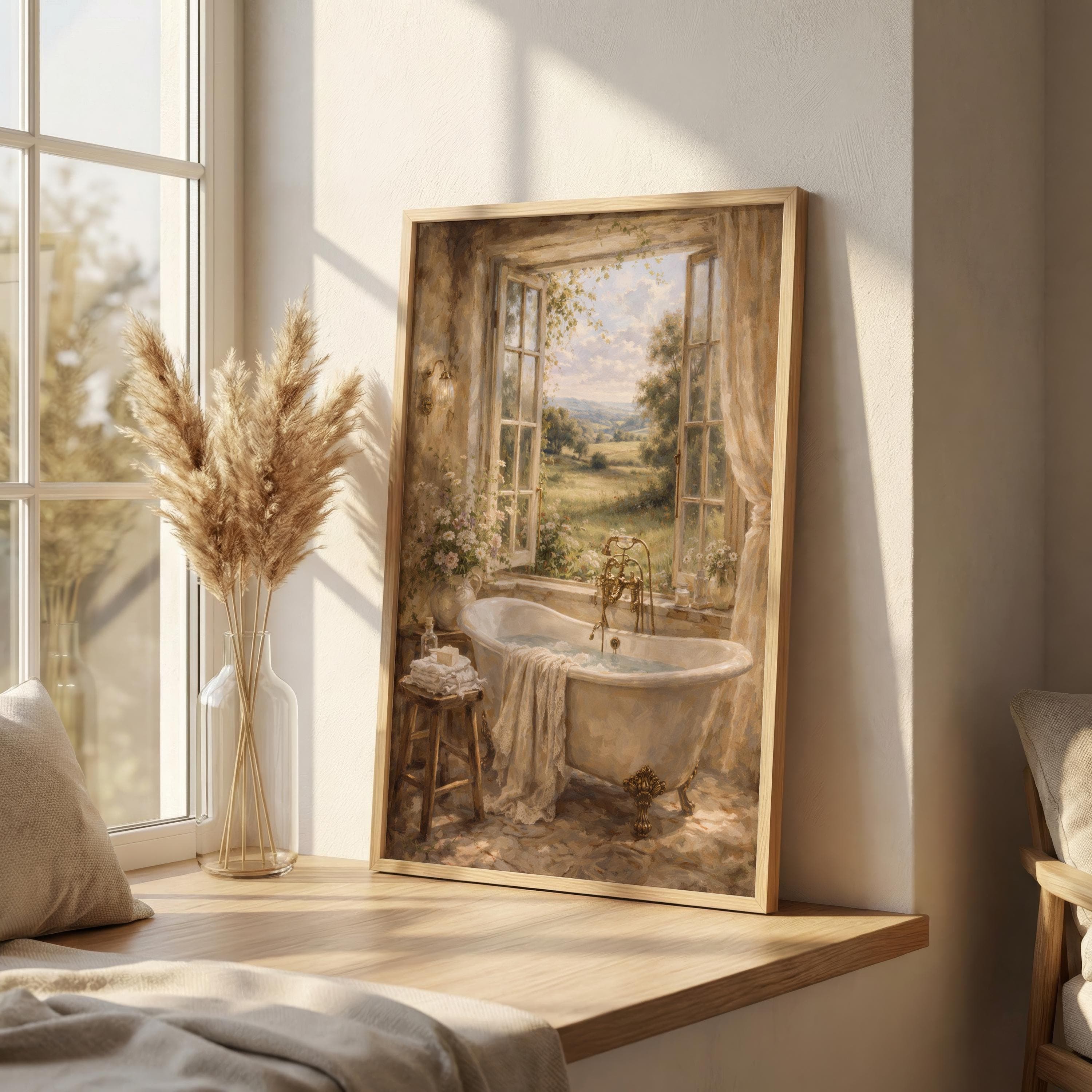 French Country Bathroom Wall Art Print, Vintage Bathtub Window View, Cottage Bathroom Decor, Romantic Neutral Wall Art, Spa Aesthetic - image 4