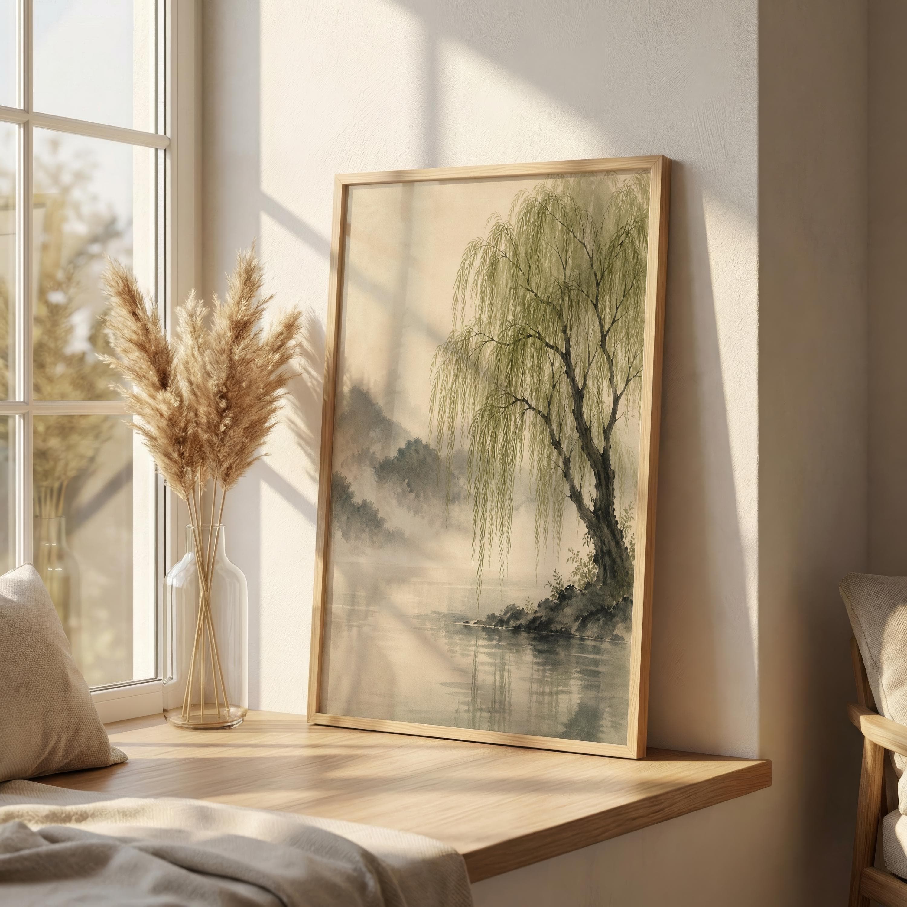 Weeping Willow Wall Art Print, Japanese Sumi E Landscape Poster, Minimal Lake Painting, Sage Green Nature Print, Zen Wall Decor - image 3