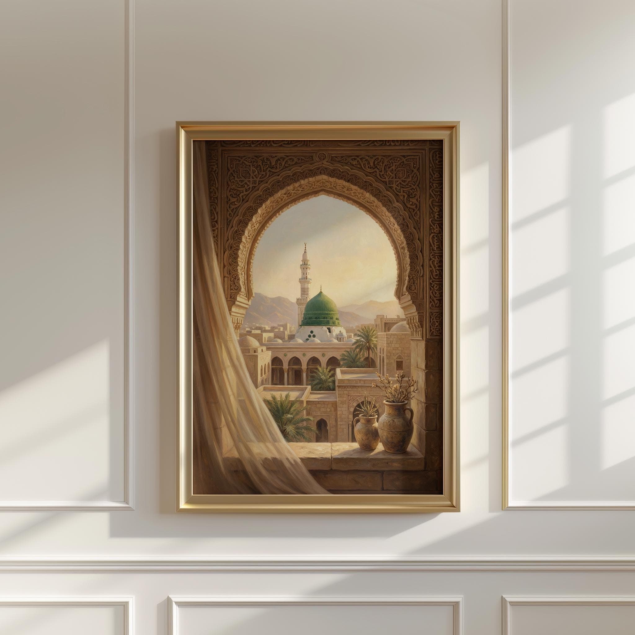 Medina Wall Art Print, Green Dome View, Masjid Nabawi Artwork, Islamic Arch Window Decor, Luxury Islamic Painting - image 3