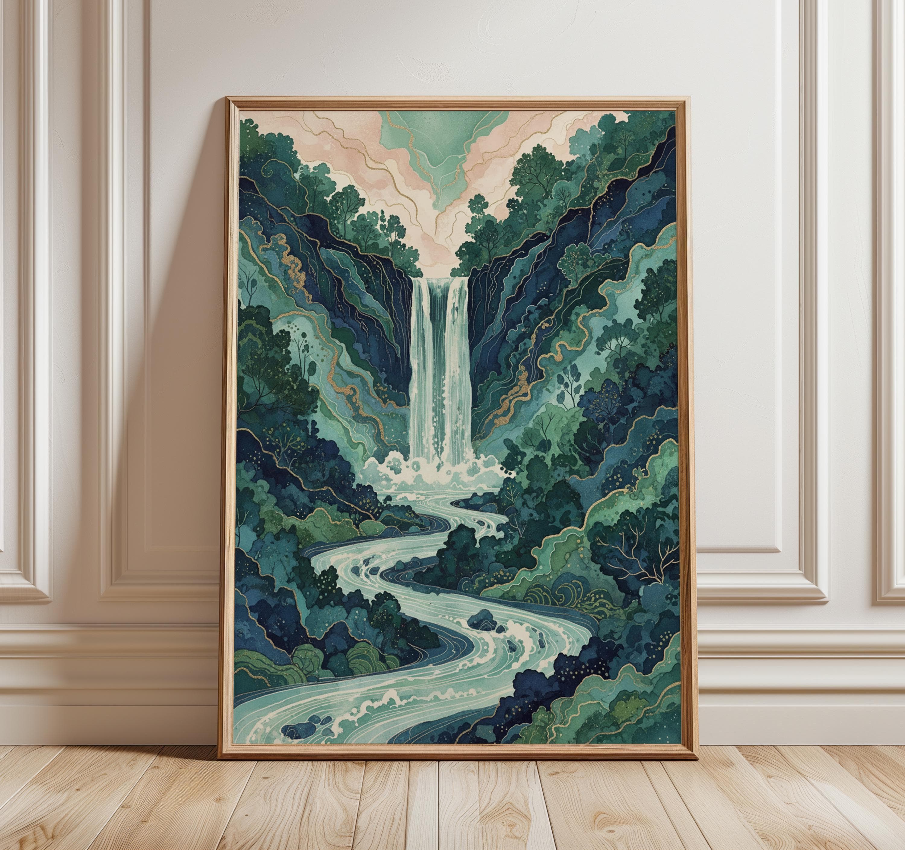 Classic Japanese Ukiyo-e Waterfall Print – Hokusai Inspired Landscape Wall Decor