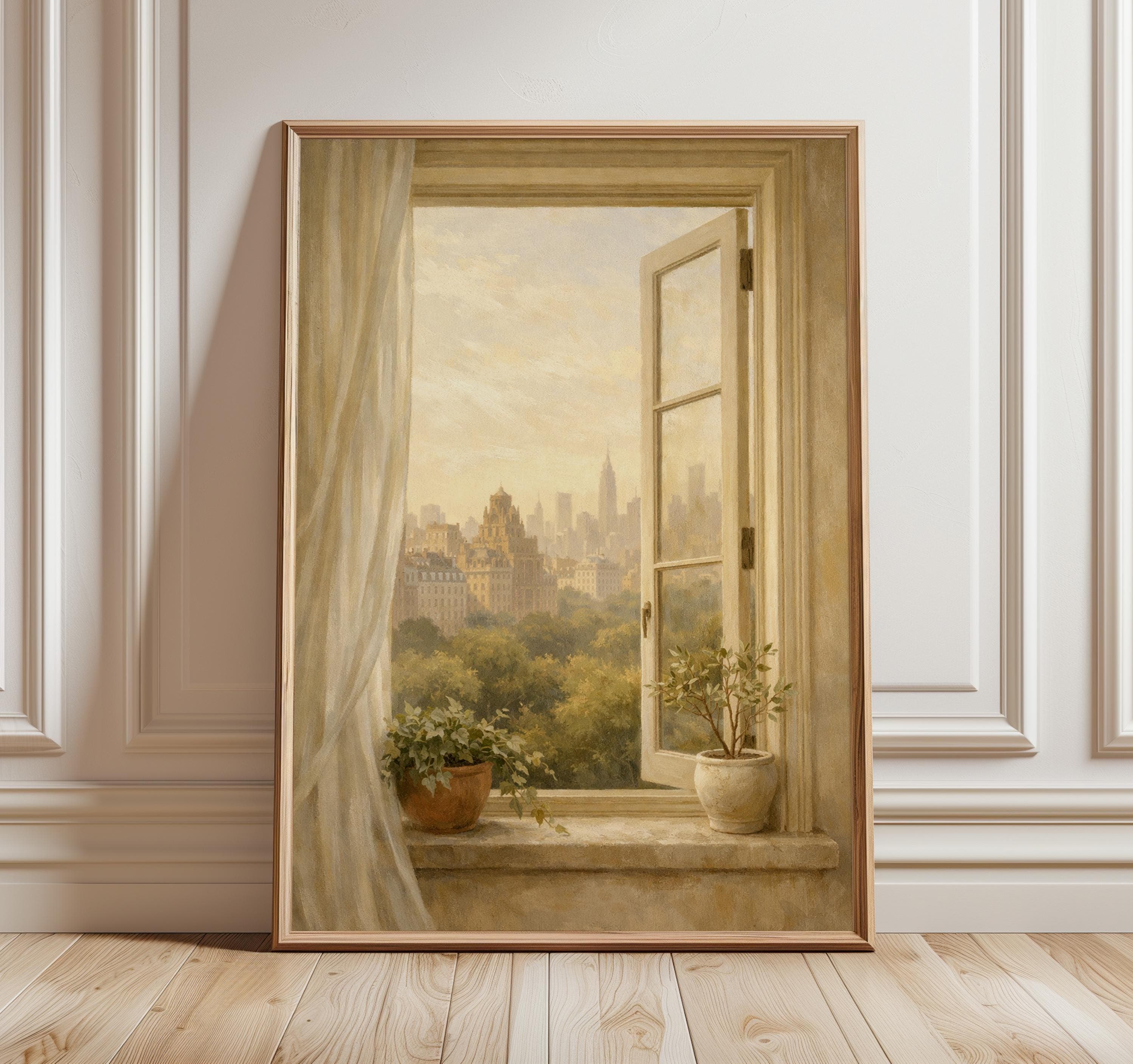 New York Window View Print, Central Park Cityscape Art, Empire State Building Wall Art, Neutral Beige Aesthetic Decor