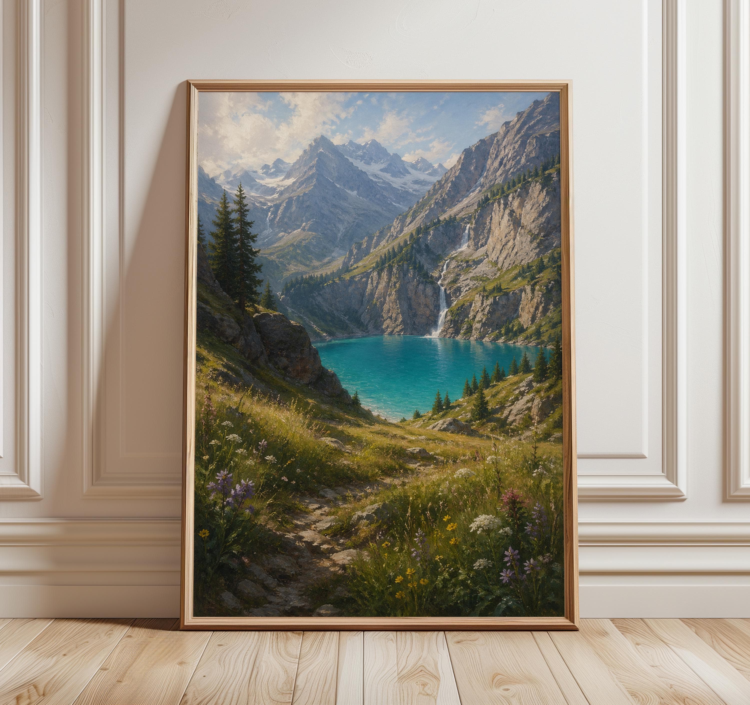 Oeschinen Lake Wall Art Print, Swiss Alps Landscape Painting, Alpine Meadow Decor, Turquoise Lake Artwork, Mountain Print