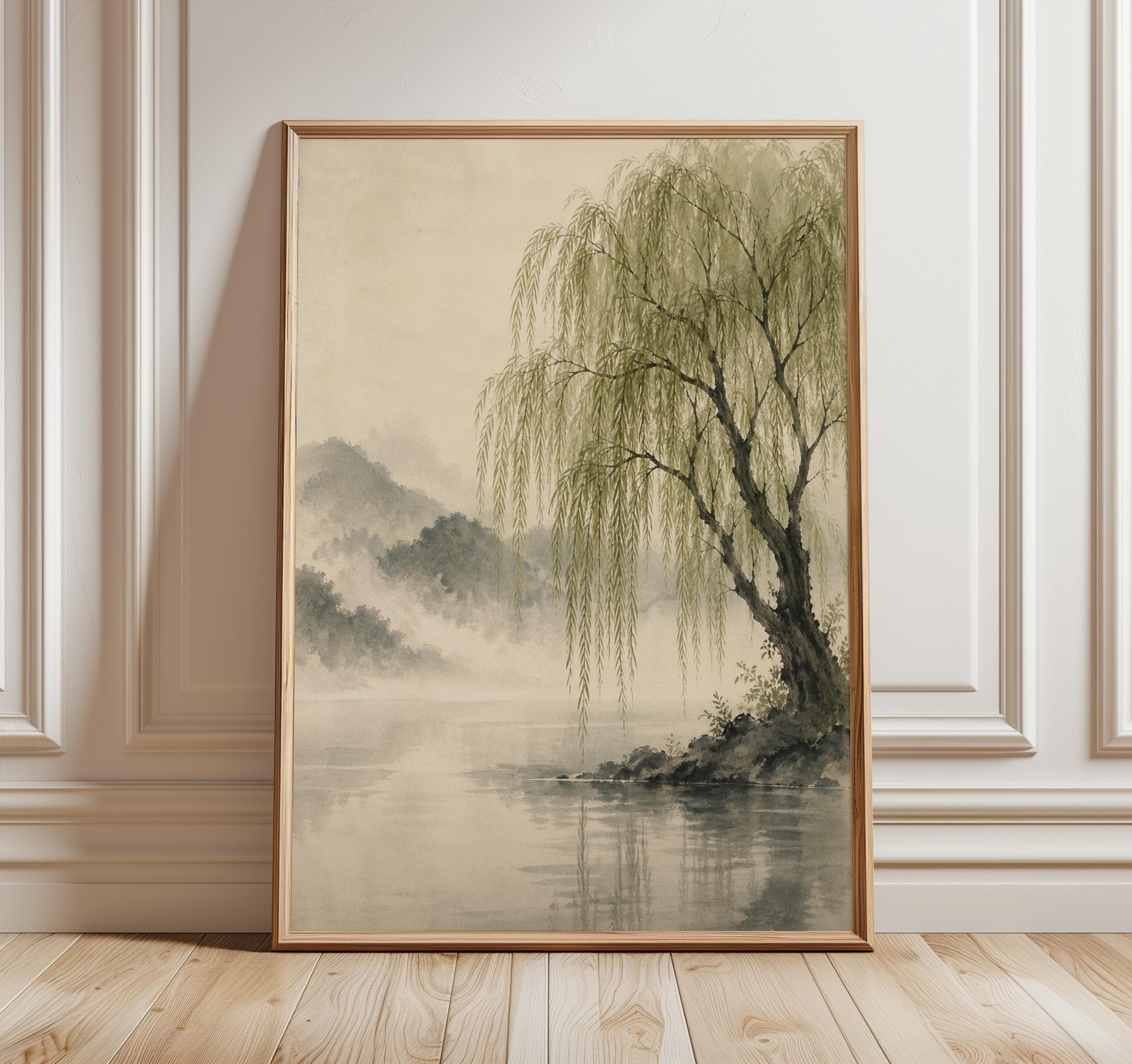 Weeping Willow Wall Art Print, Japanese Sumi E Landscape Poster, Minimal Lake Painting, Sage Green Nature Print, Zen Wall Decor
