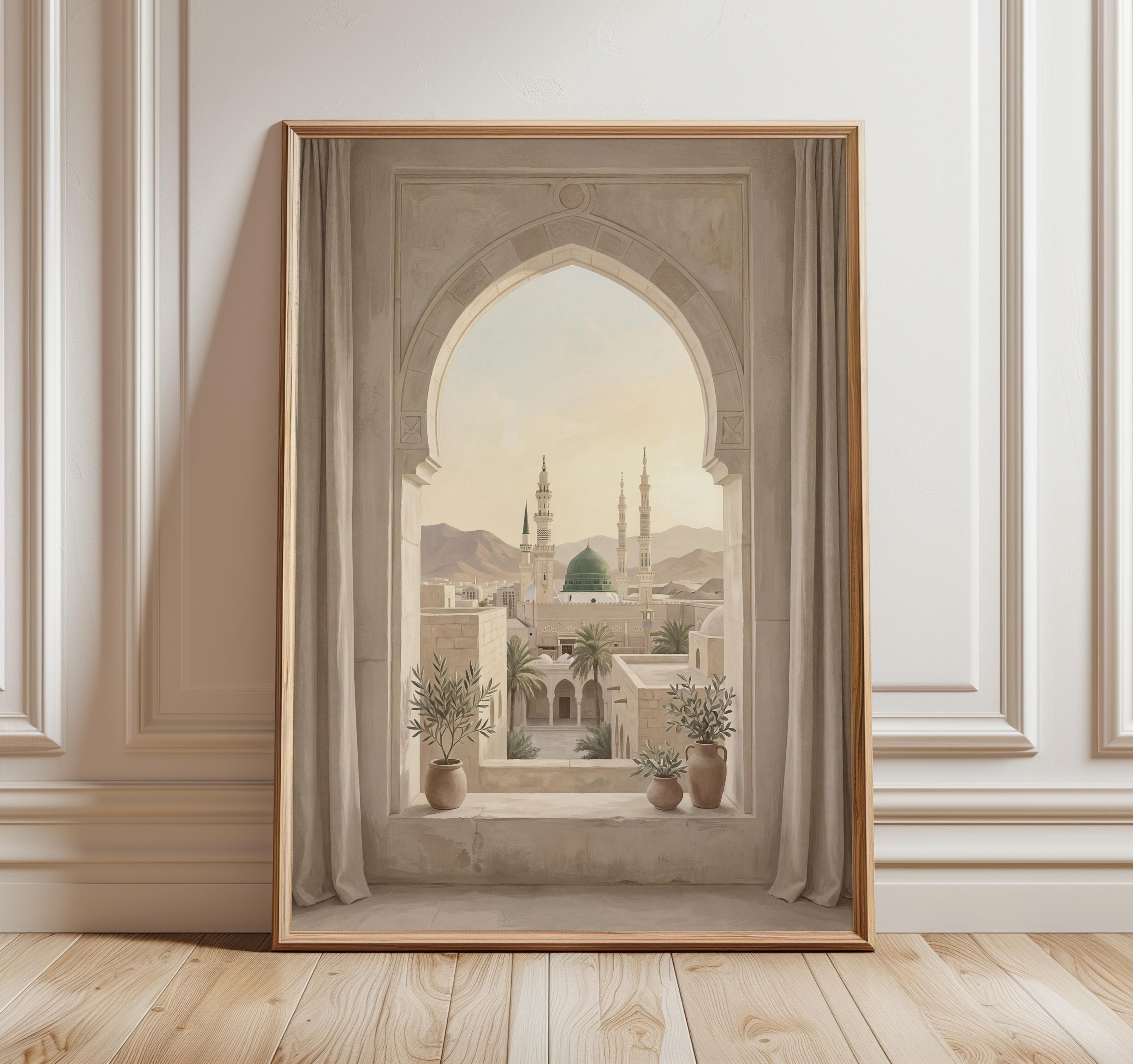 Medina Wall Art Print, Al Masjid An Nabawi Islamic Art, Green Dome Mosque Painting, Neutral Muslim Home Decor Poster