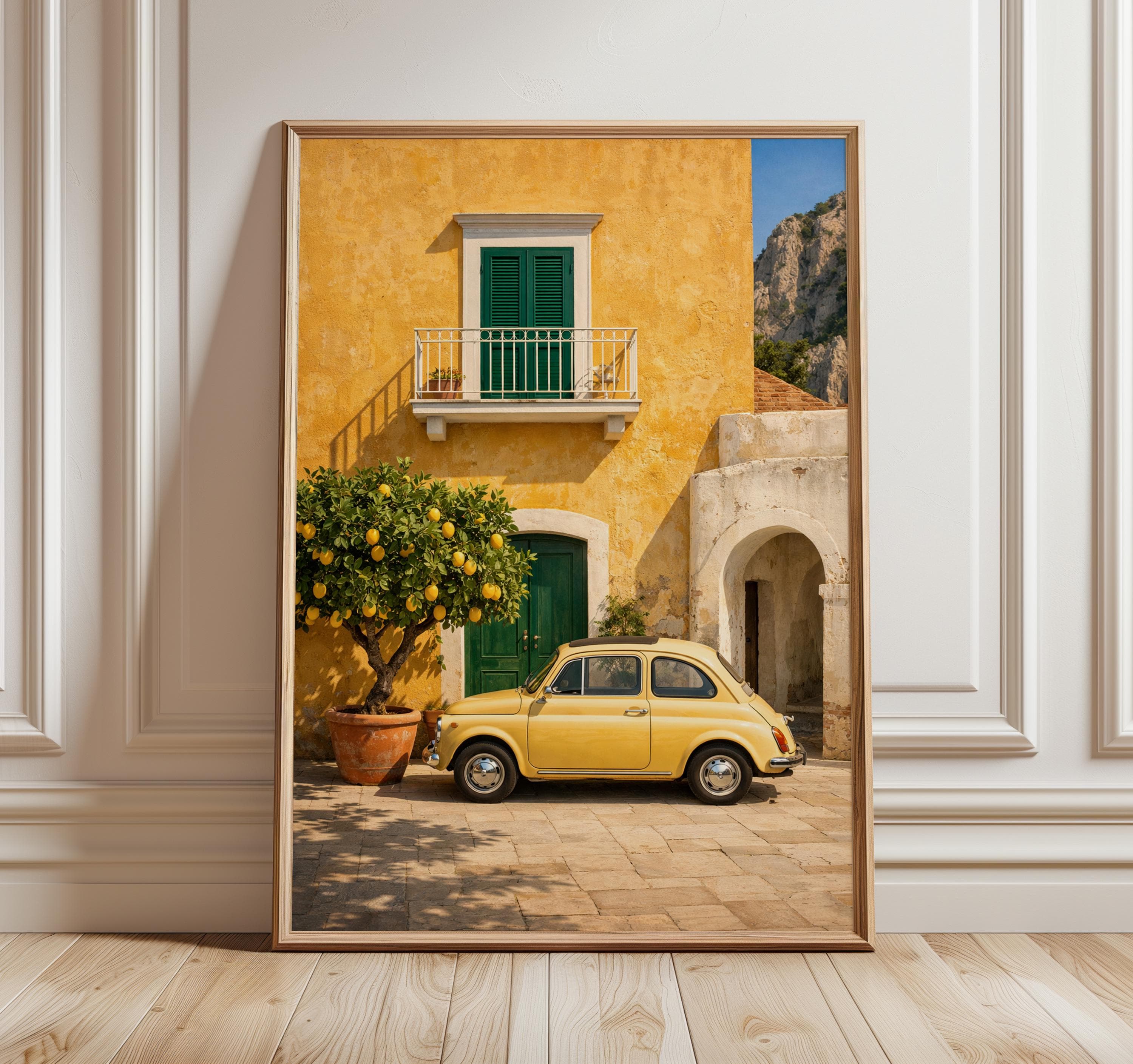 Mediterranean Lemon Tree Wall Art, Vintage Yellow Car Poster, Italian Summer Decor, Amalfi Coast Travel Print, Kitchen Wall Art