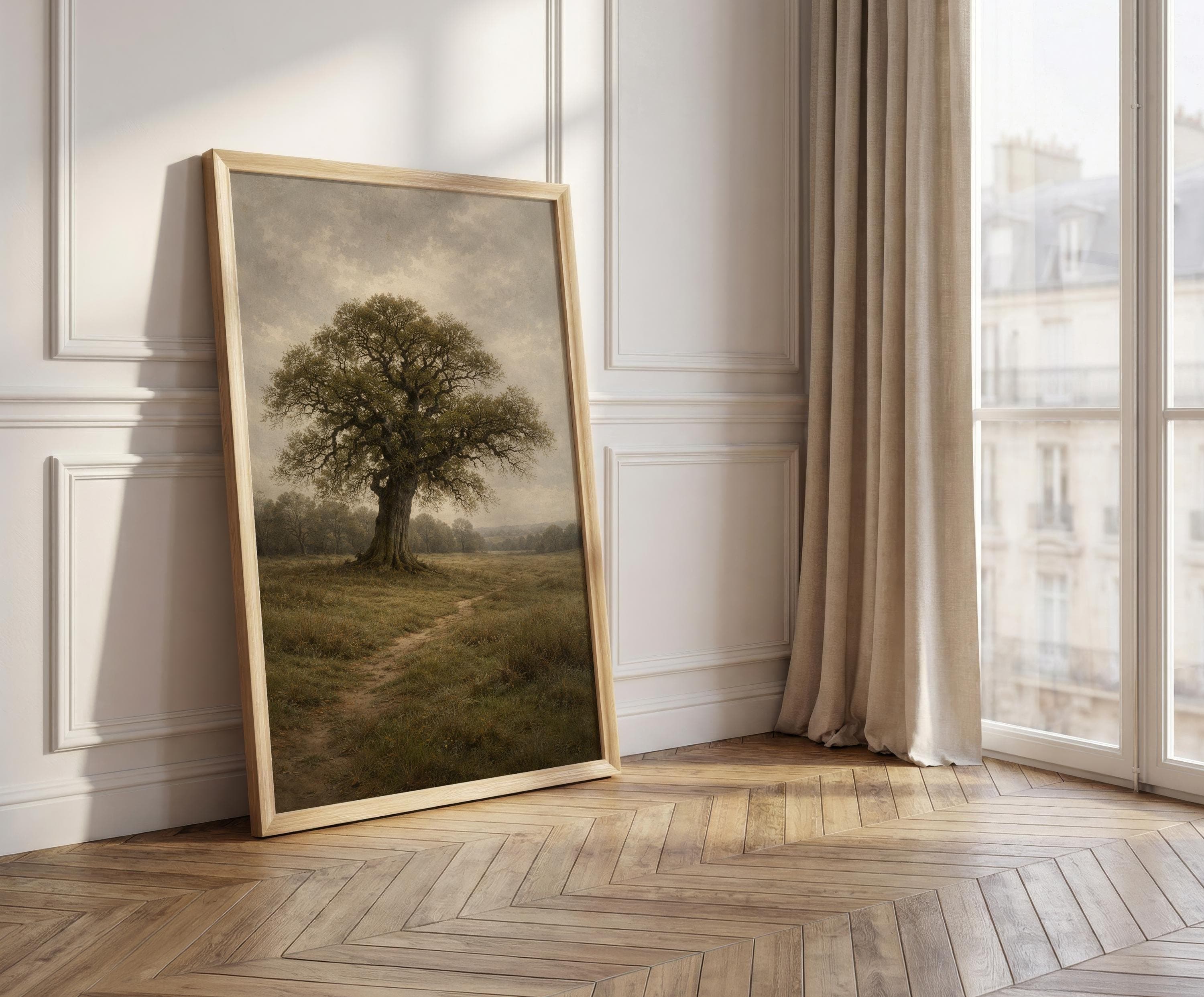 Old Oak Tree Wall Art Print, English Countryside Landscape, Rustic Nature Painting, Neutral Farmhouse Decor - image 3