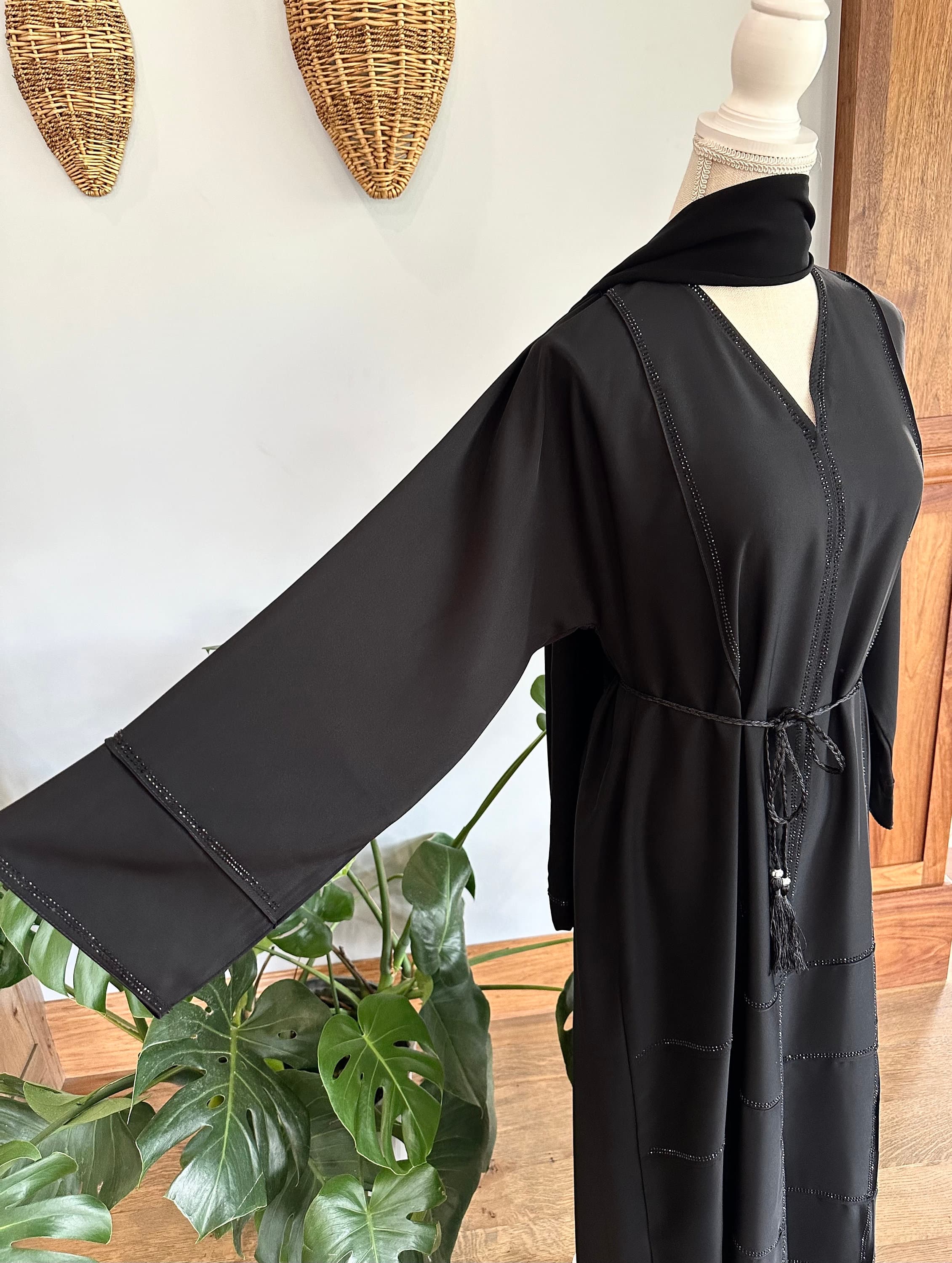 Black Checkered Embellished Abaya with Belt & Headscarf - image 3