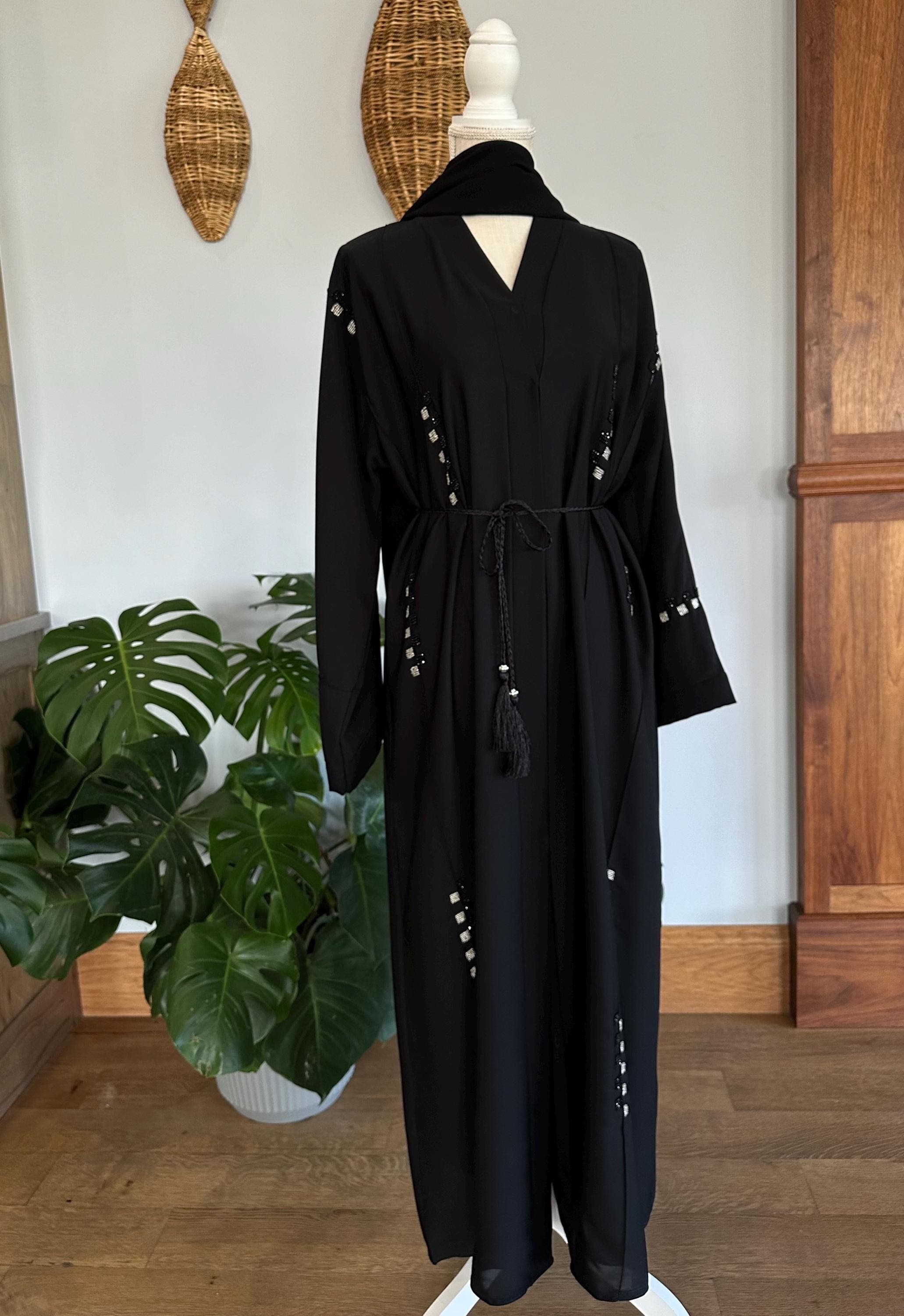 Black Embellished Abaya with Braided Belt & Headscarf - image 3