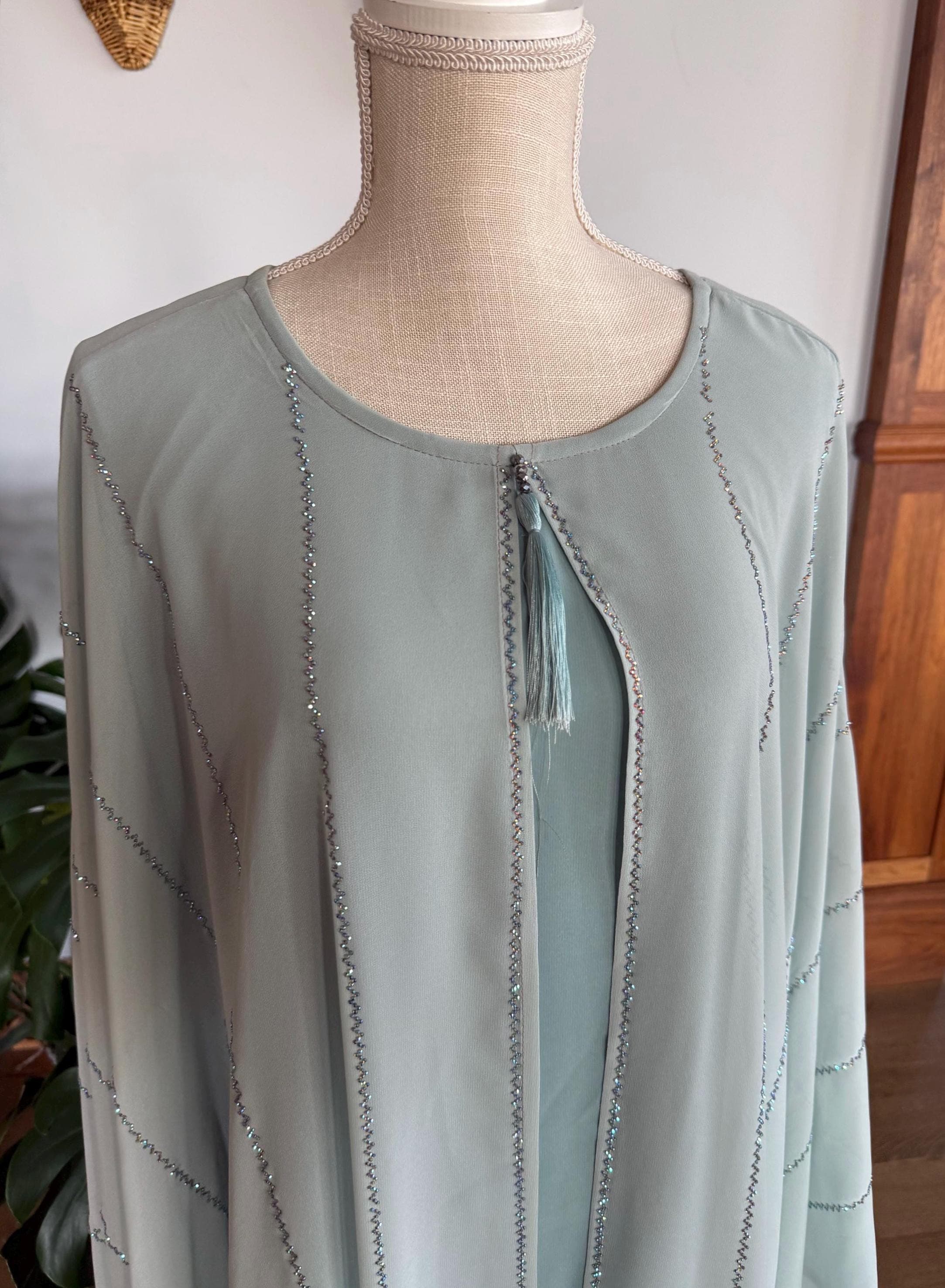 Light Blue Bedazzled Abaya with Headscarf - image 4
