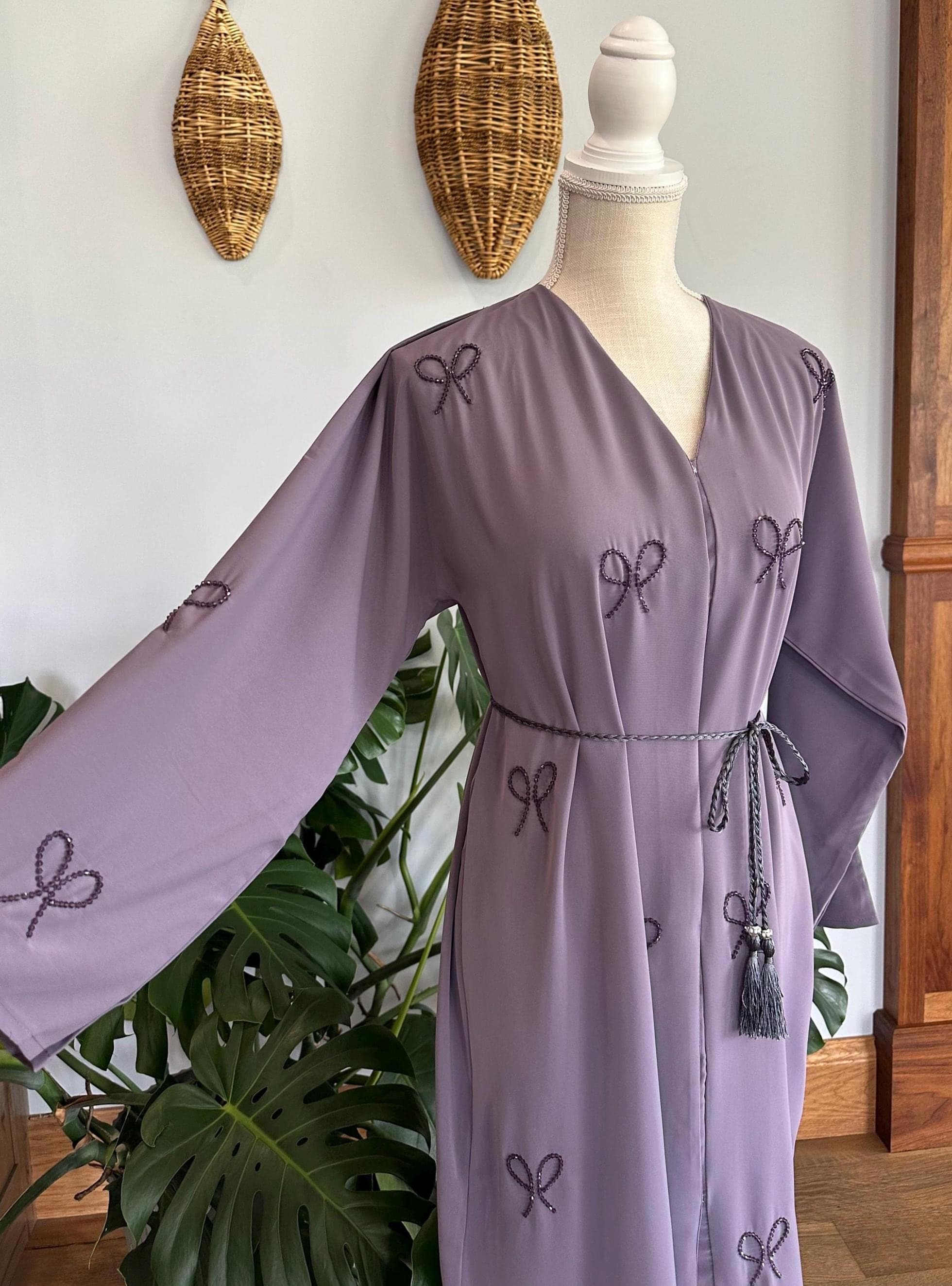 Purple Dubai Abaya with Bedazzled Bows, Women's Modest Dress
