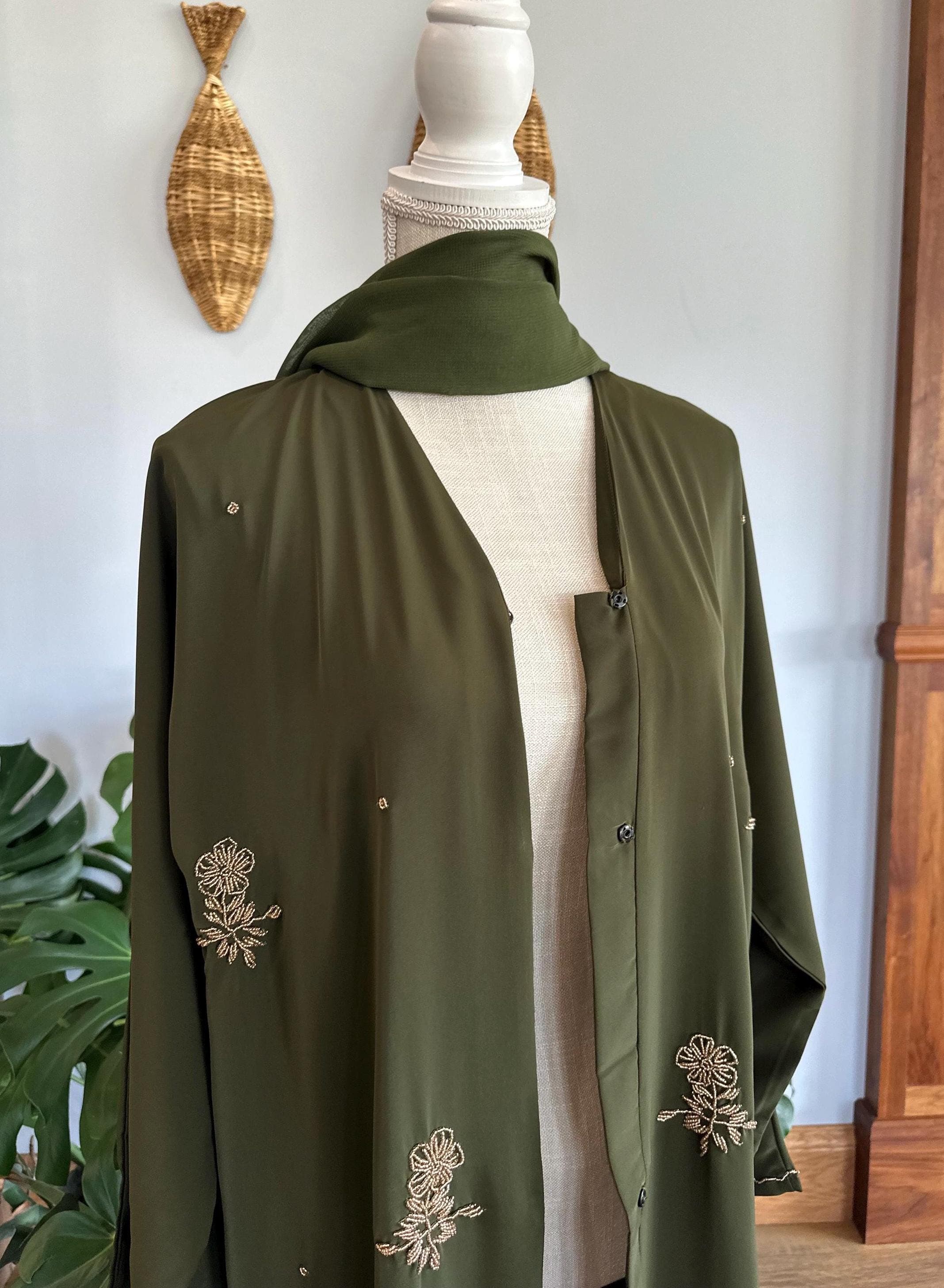 Olive Green Dubai Abaya with Gold Beaded Flowers