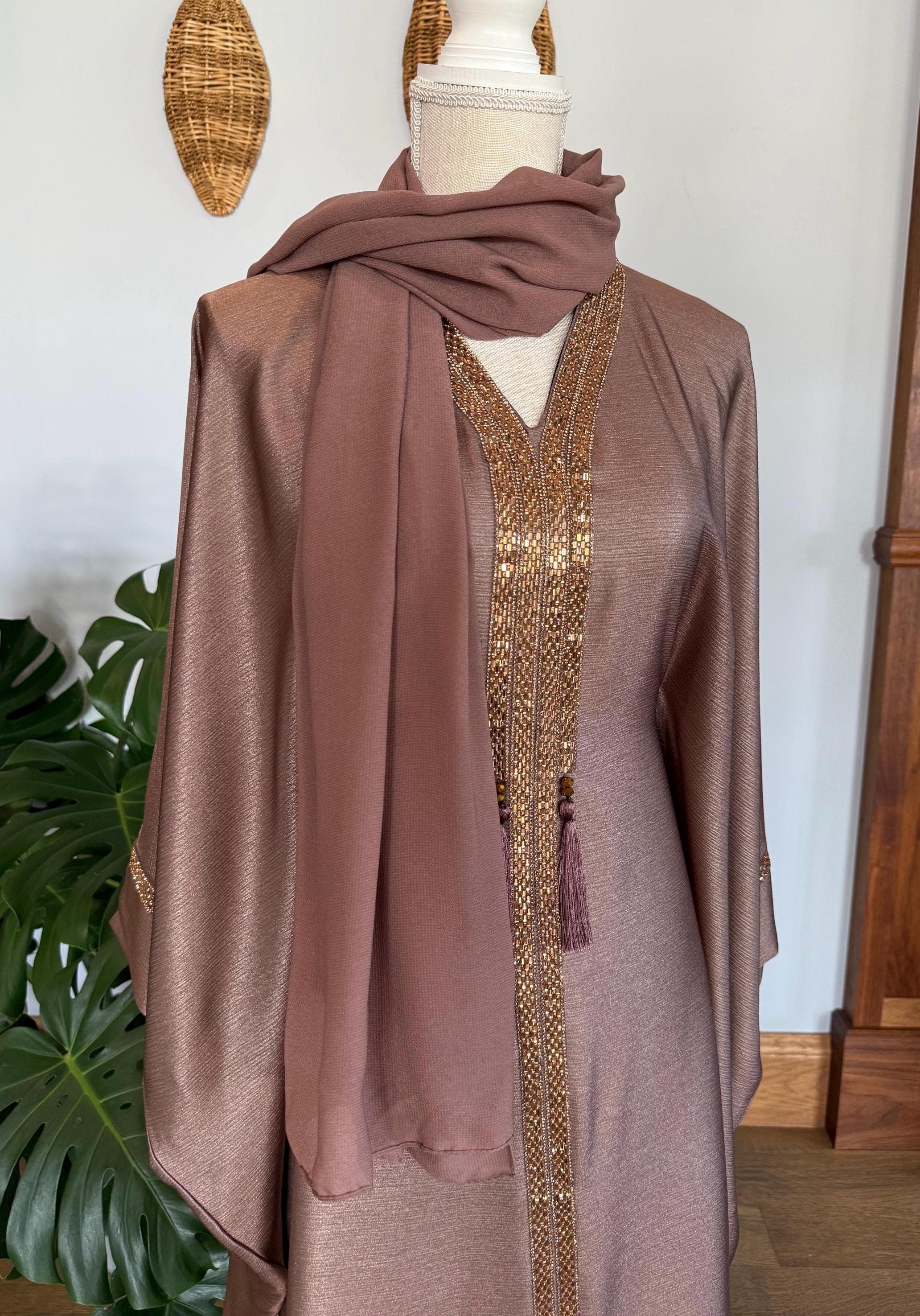 Brown Butterfly Abaya: Dubai Style Women's Evening Dress with Headscarf - image 3