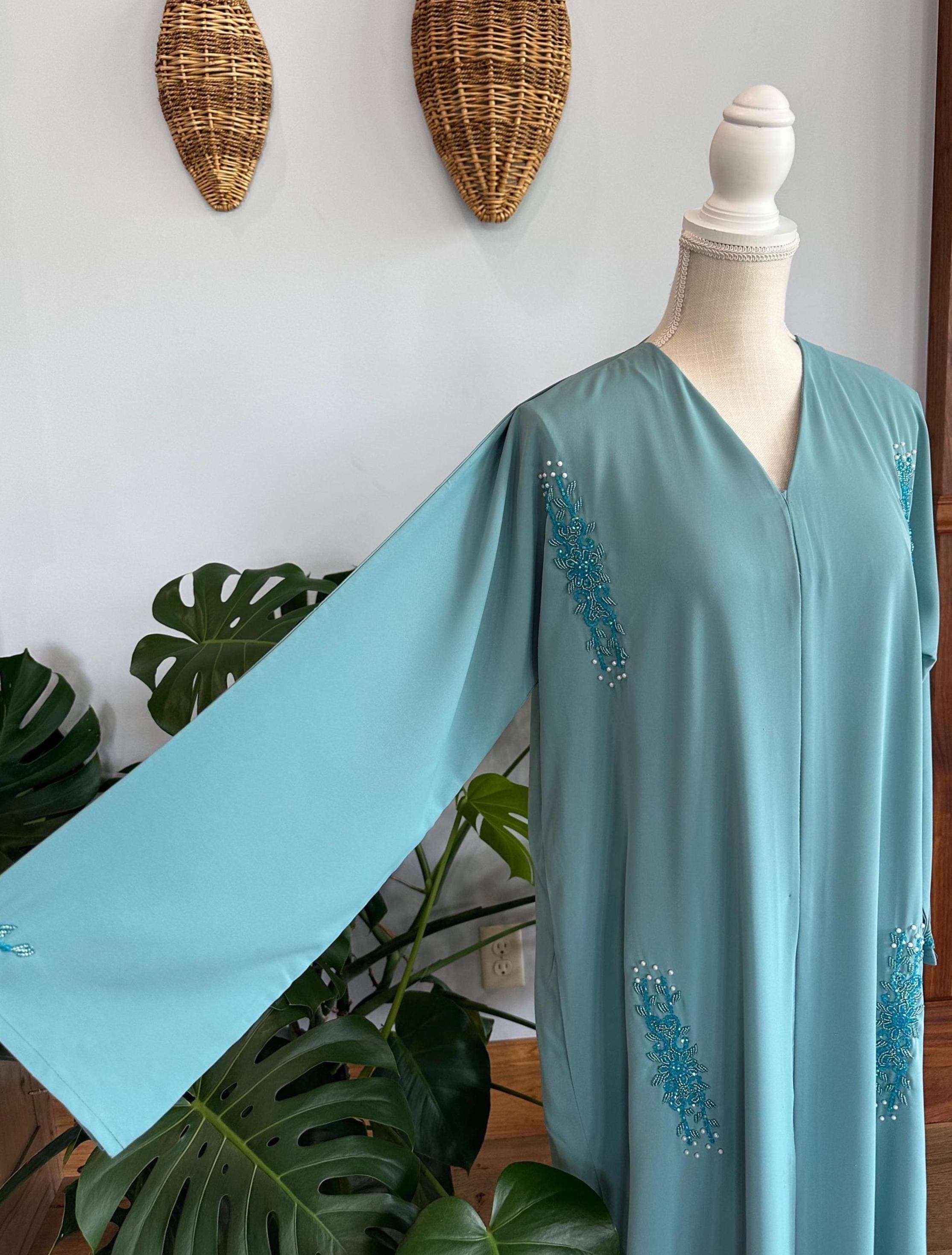 Aqua Blue Embellished Abaya with Belt & Headscarf - image 3