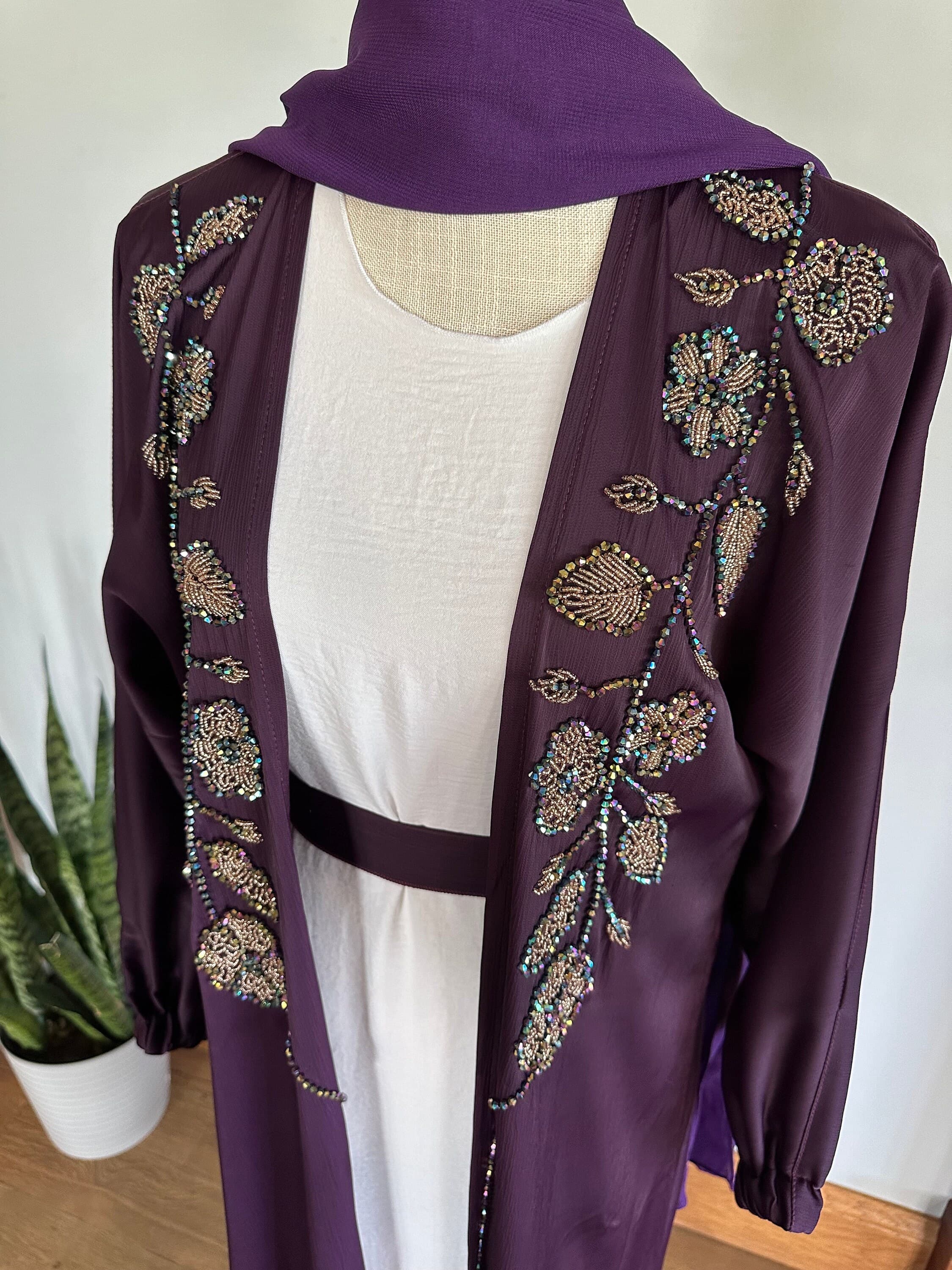 Purple Embellished Abaya with Belt & Headscarf - image 4