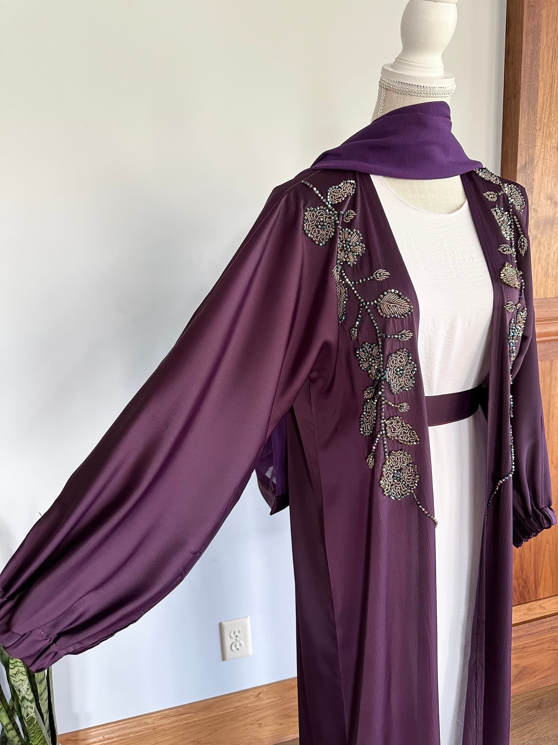 Purple Embellished Abaya with Belt & Headscarf - image 5
