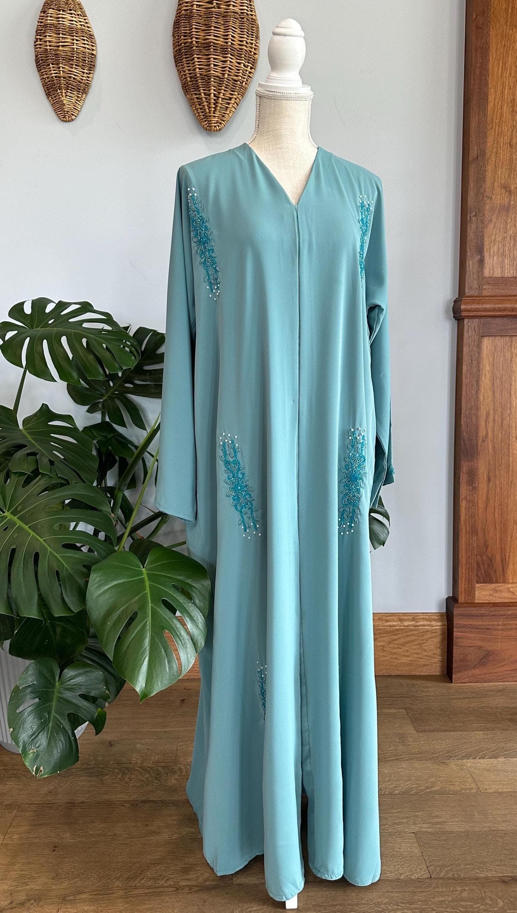 Aqua Blue Embellished Abaya with Belt & Headscarf - image 4