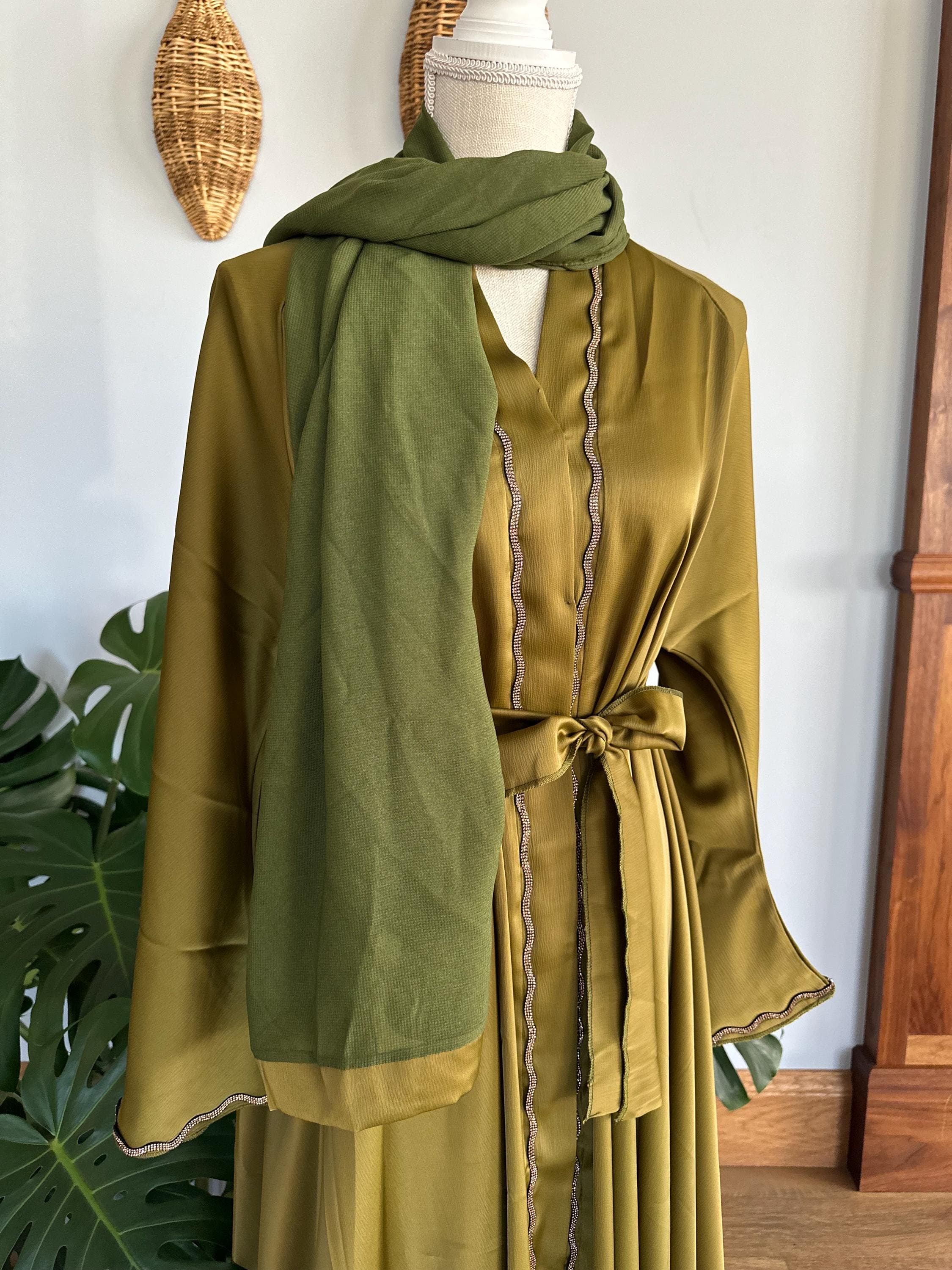 Olive Green Abaya with Gold Detail, Modest Dubai Style, Matching Headscarf & Belt - image 3