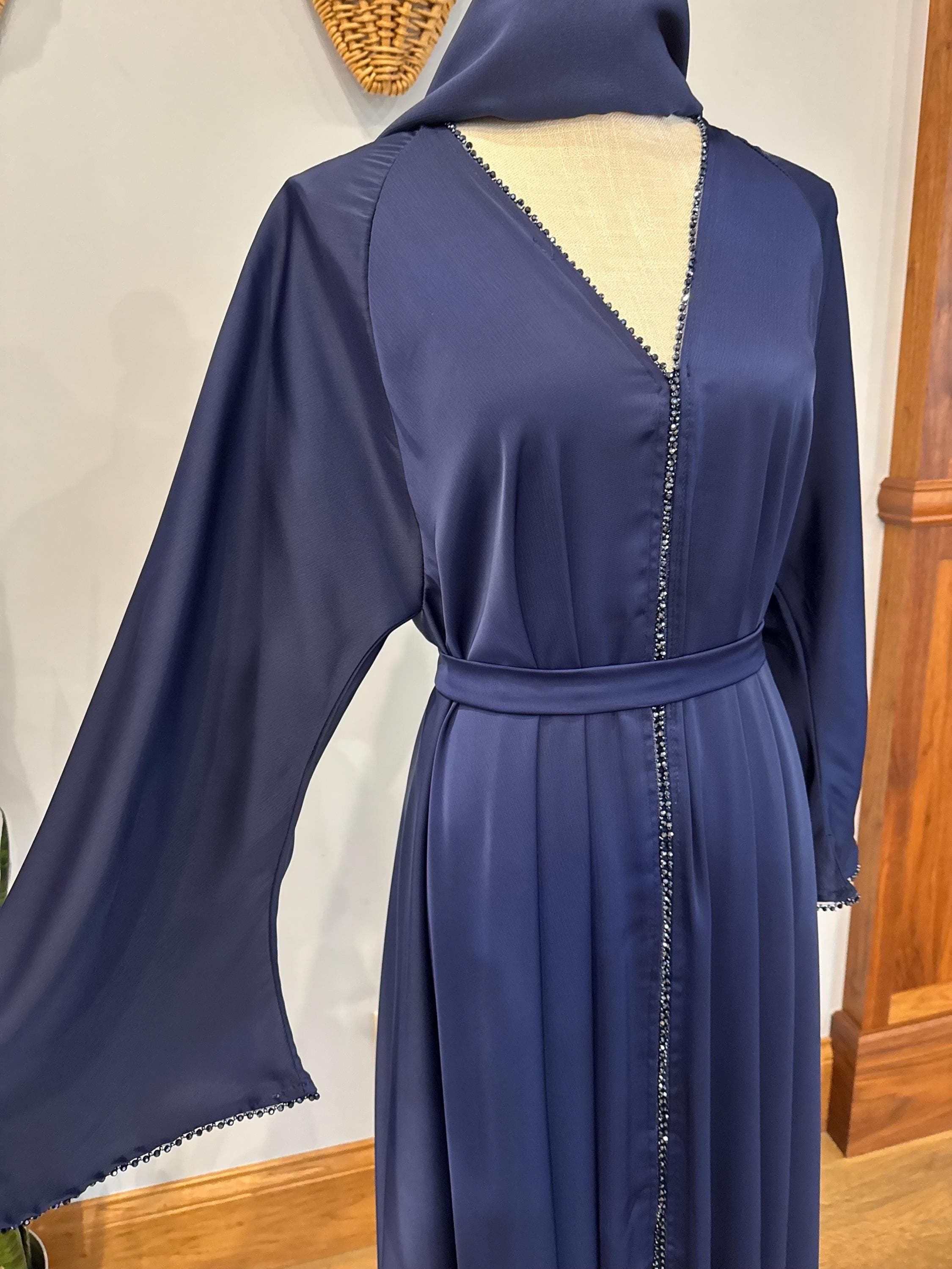 Navy Blue Elegant Abaya with Matching Belt & Headscarf - image 3