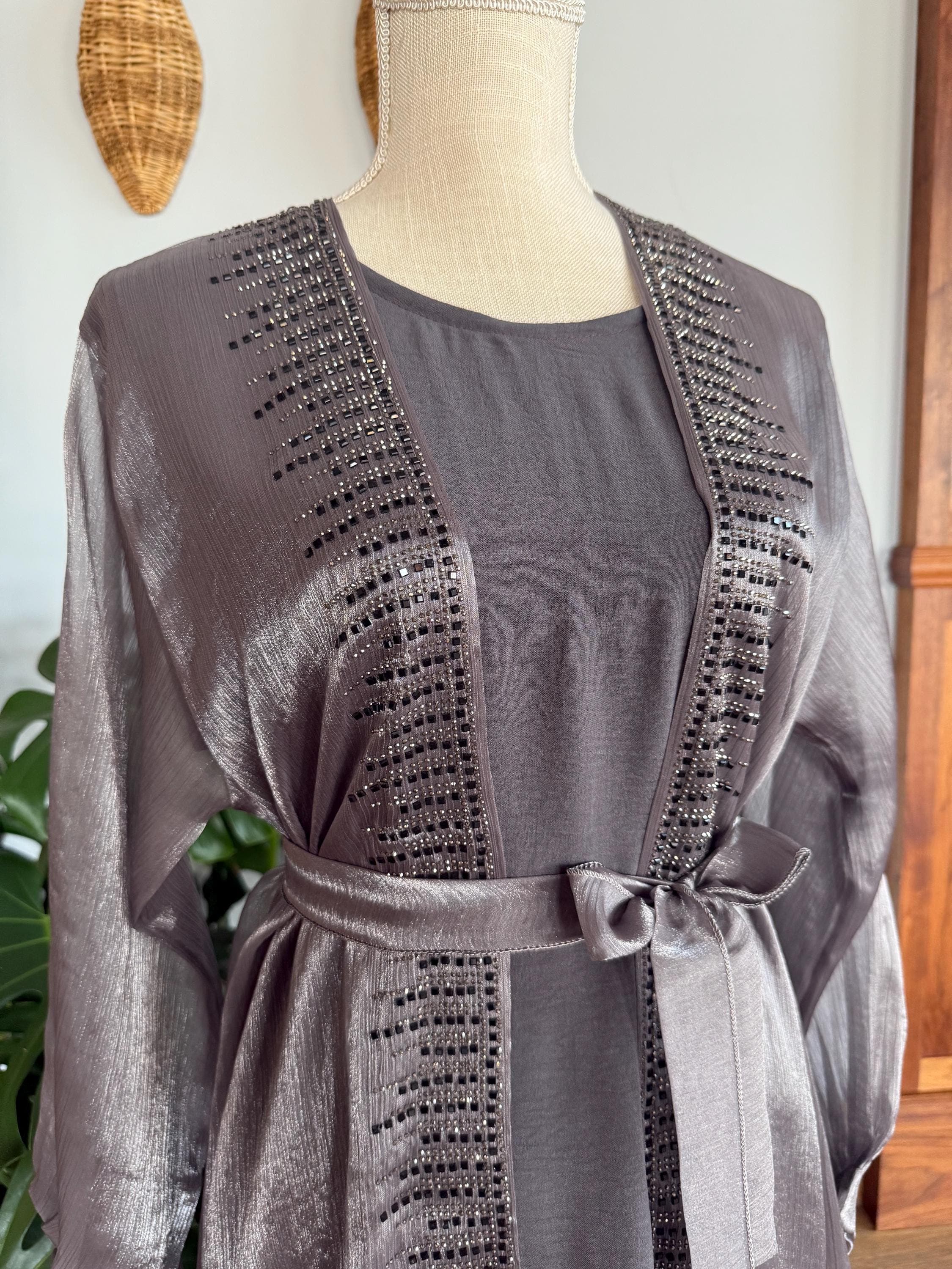 Gray Embellished Abaya, Women's Dubai Dress with Headscarf & Belt - image 5