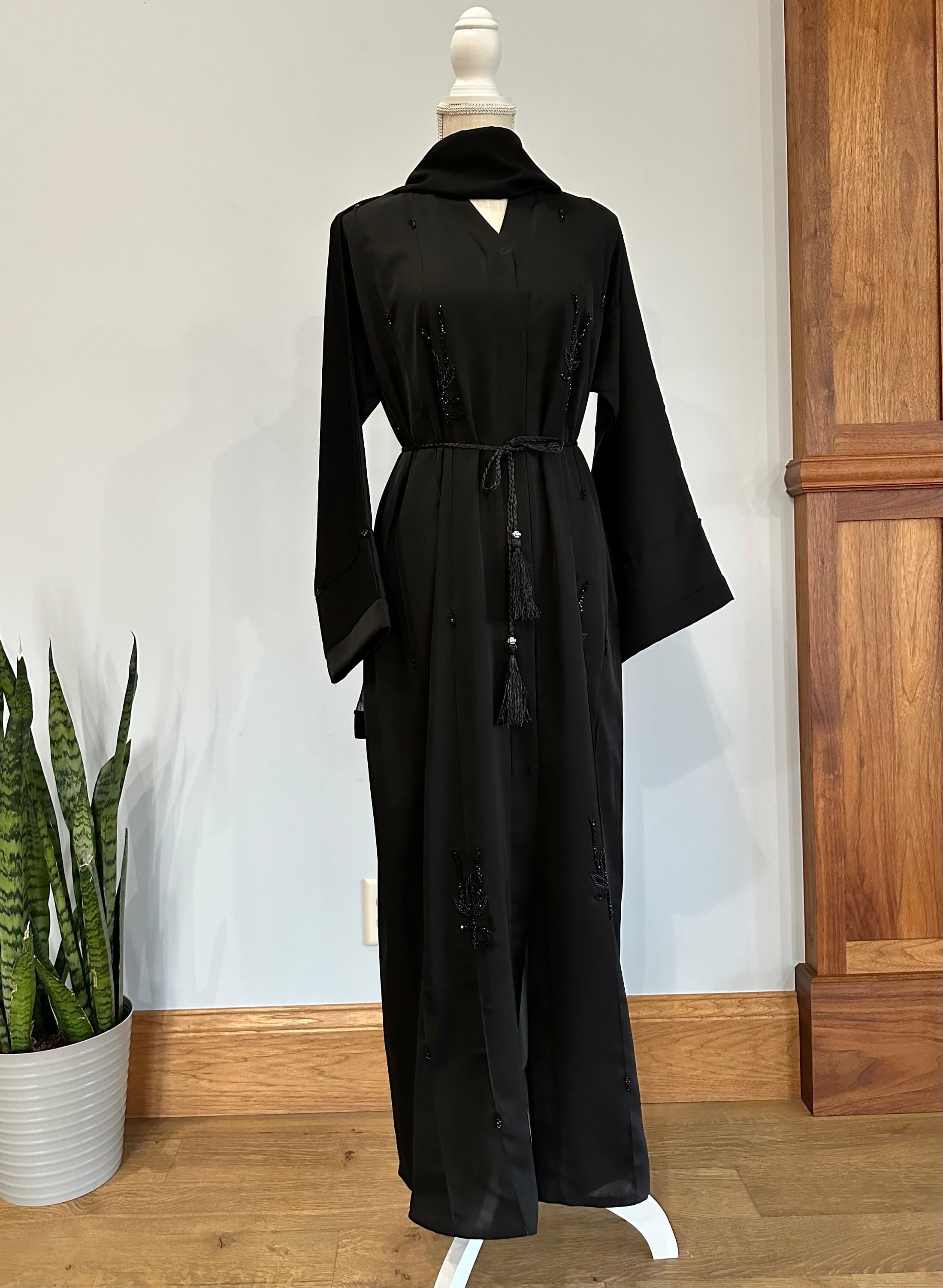 Black Embellished Abaya with Belt & Headscarf