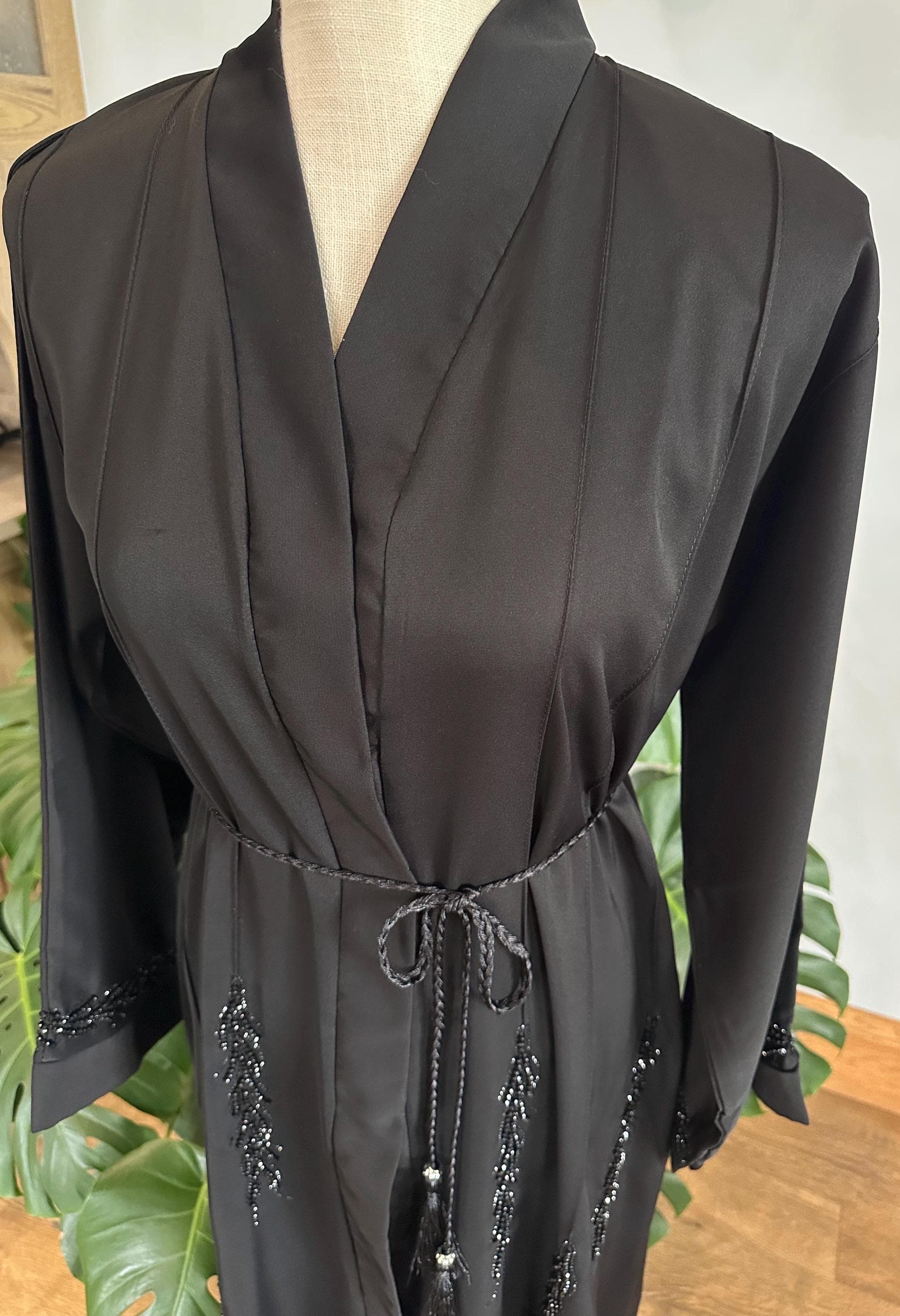 Black Bottom-Embellished Abaya with Belt & Headscarf - image 5