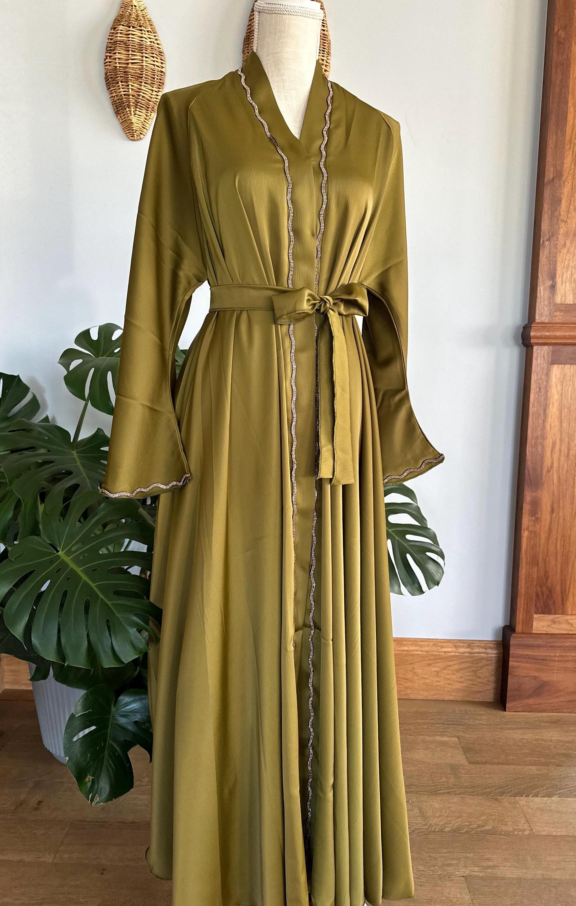 Olive Green Abaya with Gold Detail, Modest Dubai Style, Matching Headscarf & Belt - image 5