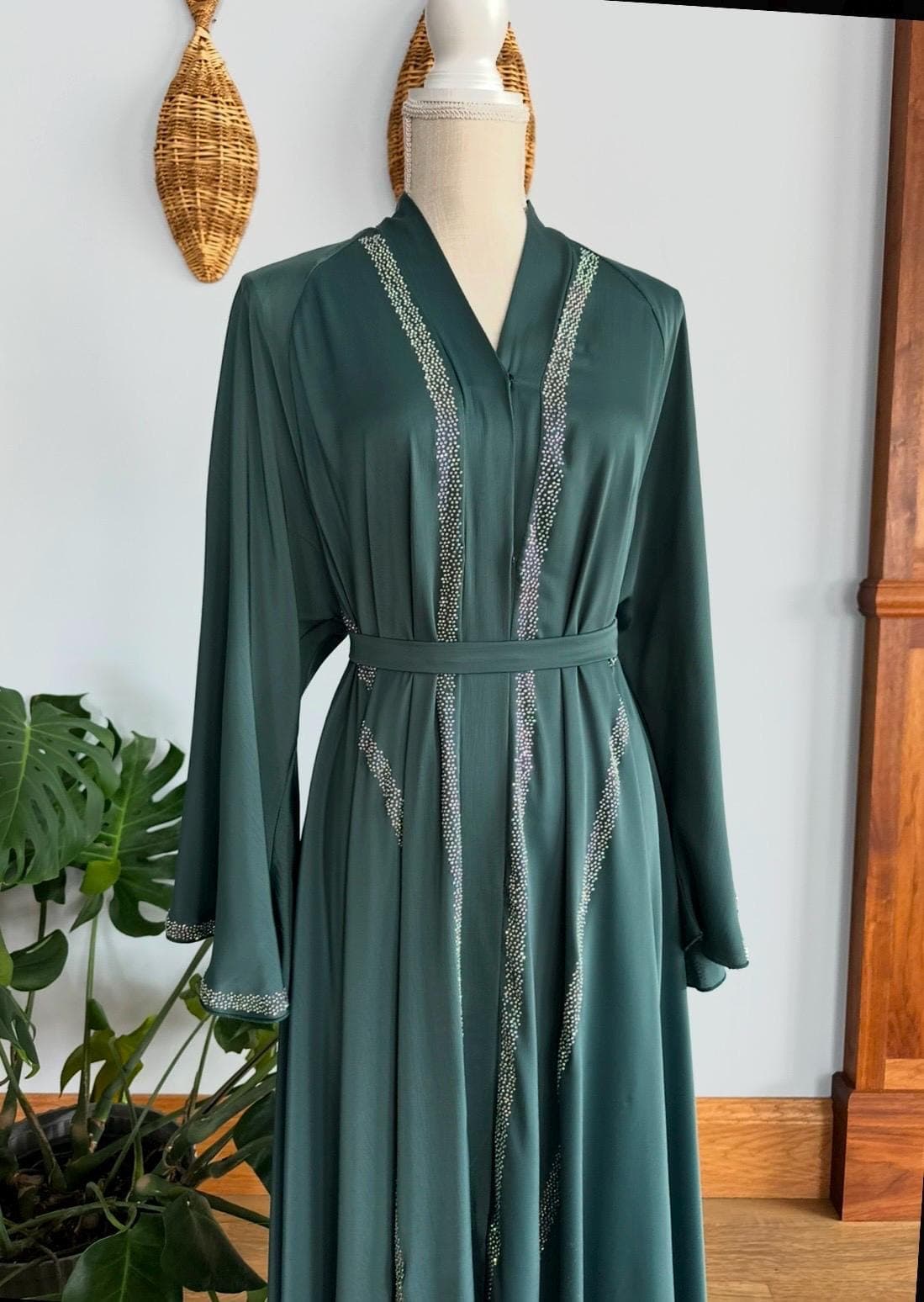 Green Beaded Dubai Abaya with Belt & Headscarf