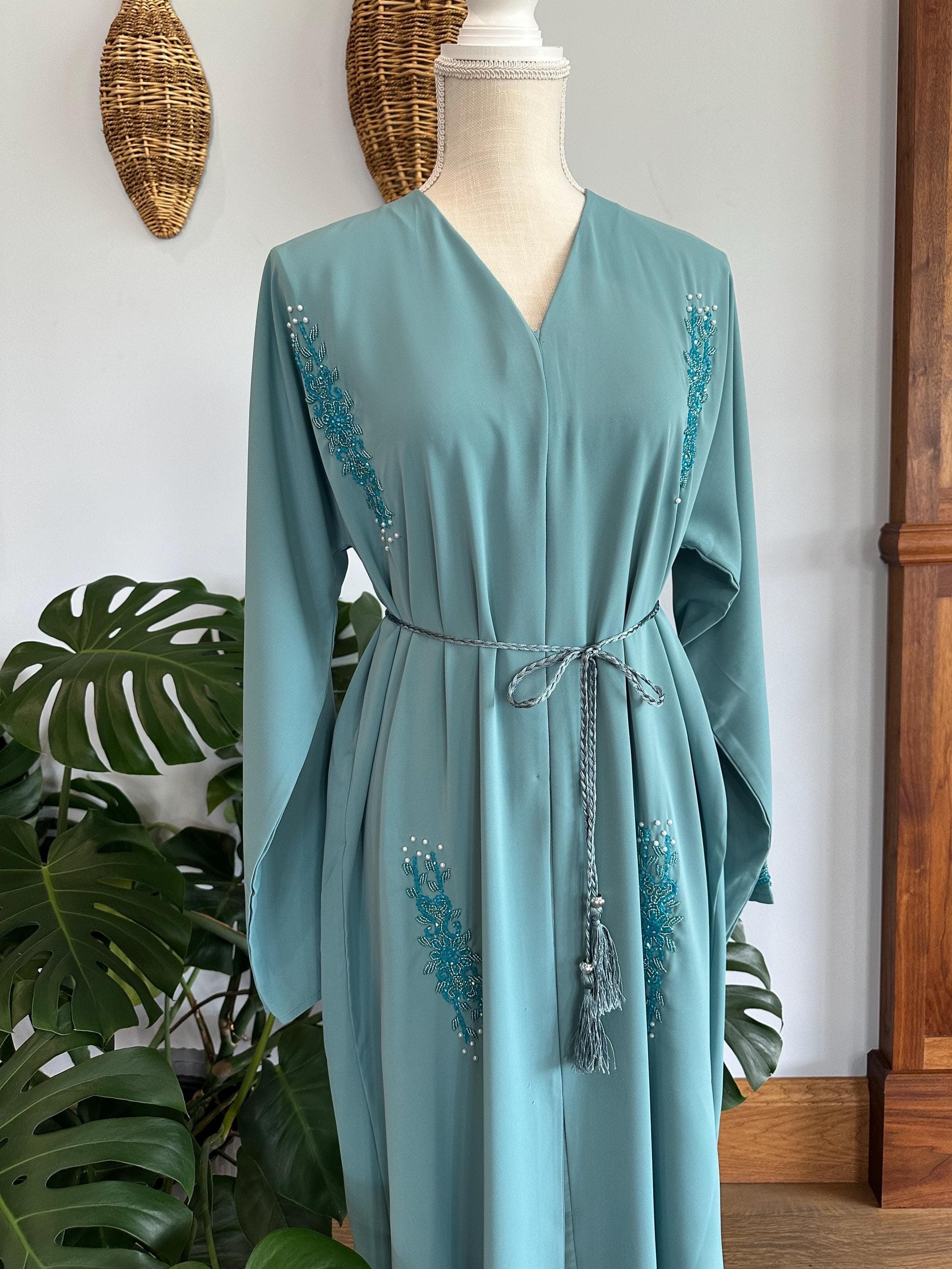 Aqua Blue Embellished Abaya with Belt & Headscarf - image 5