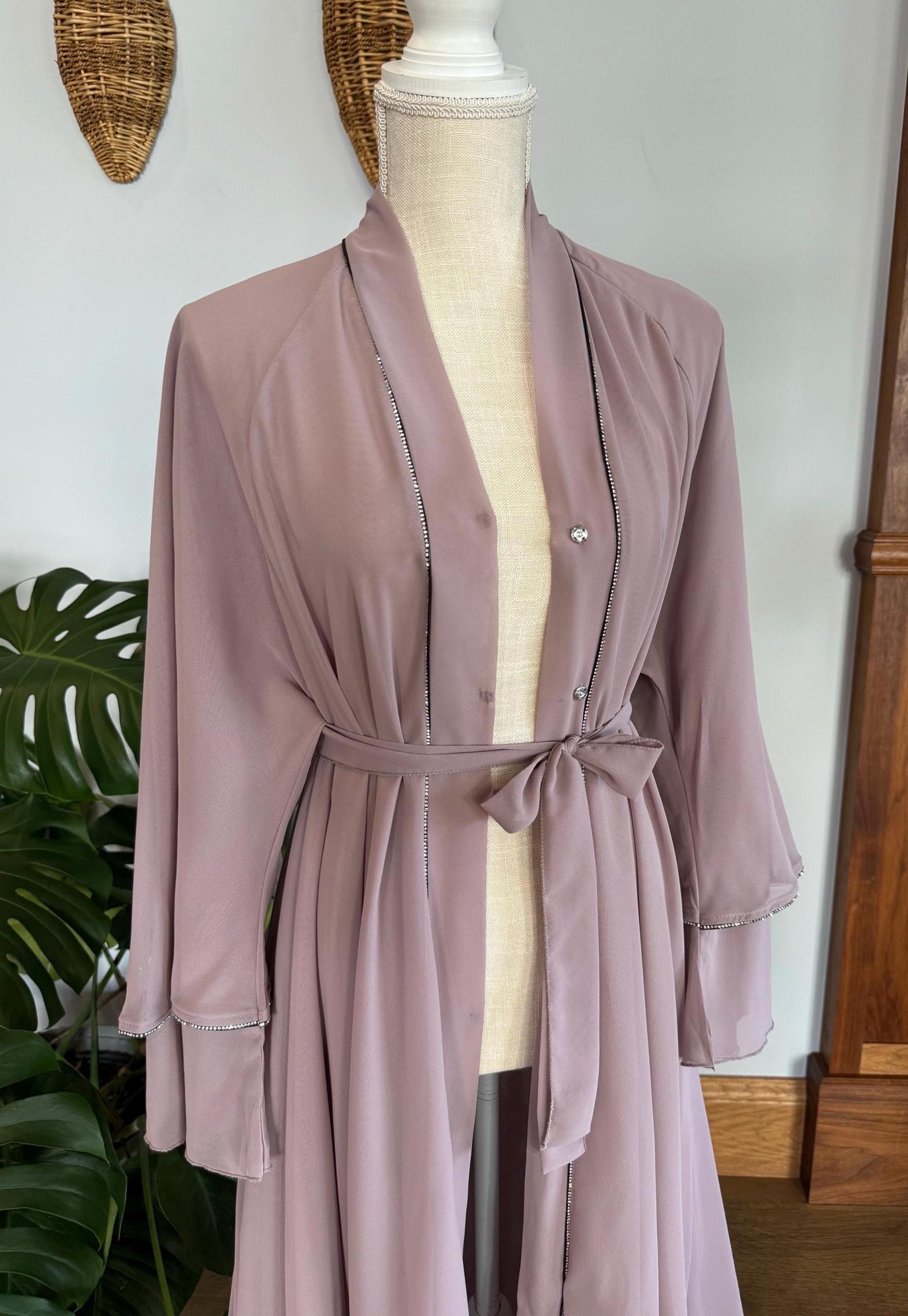 Dusty Pink Abaya: Layered Dubai Style, Matching Belt, Headscarf