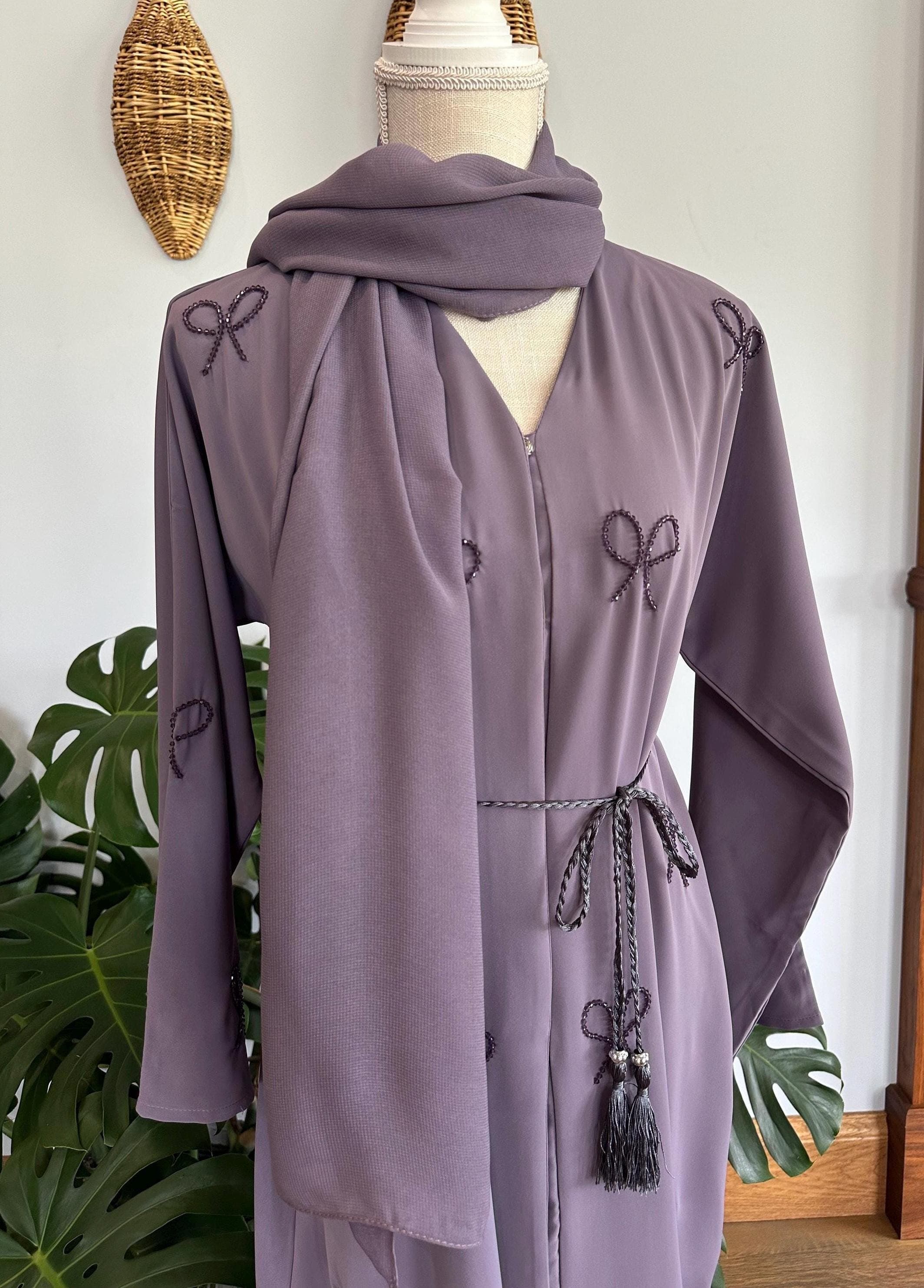 Purple Dubai Abaya with Bedazzled Bows, Women's Modest Dress - image 3