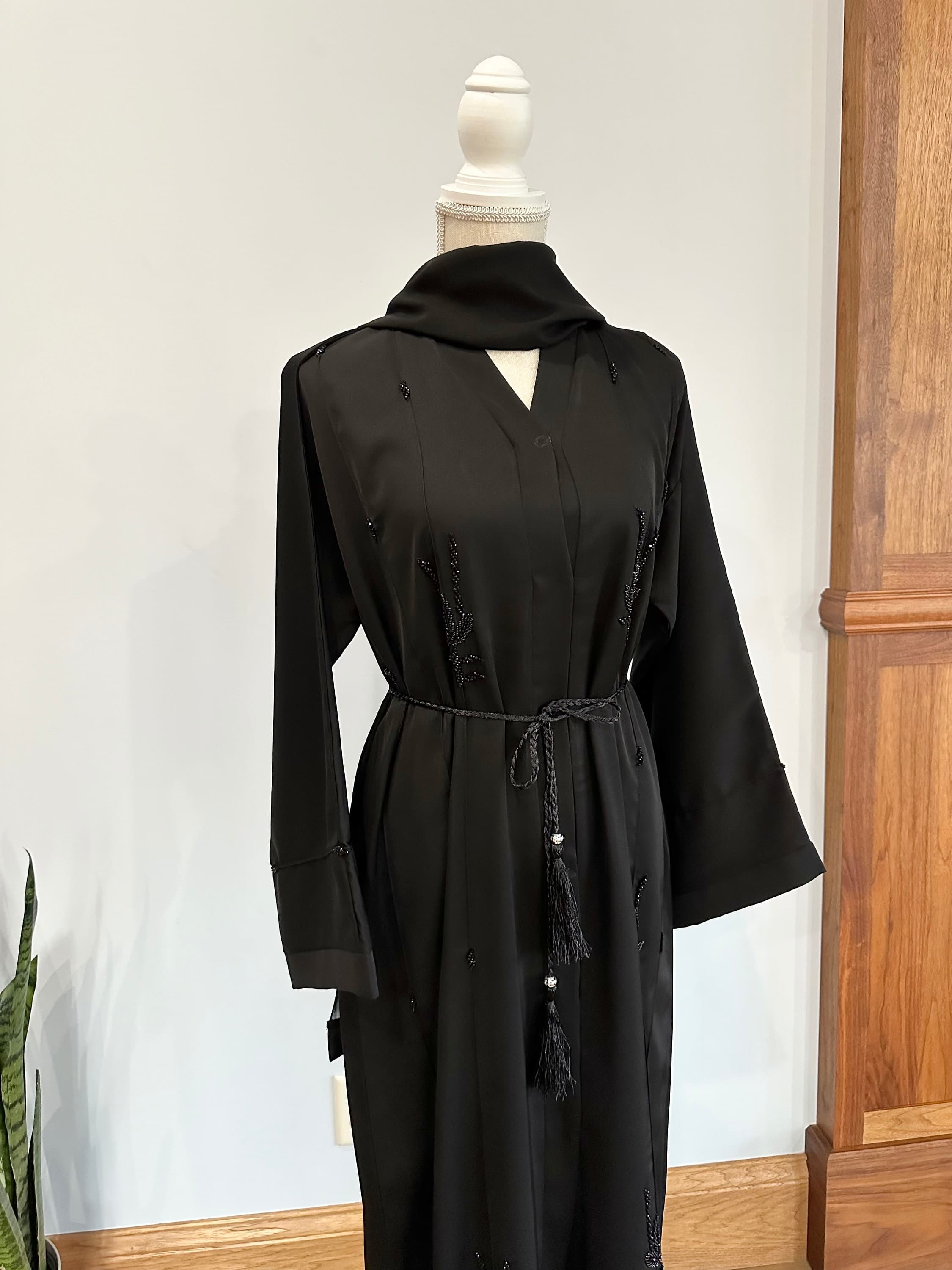 Black Embellished Abaya with Belt & Headscarf - image 3