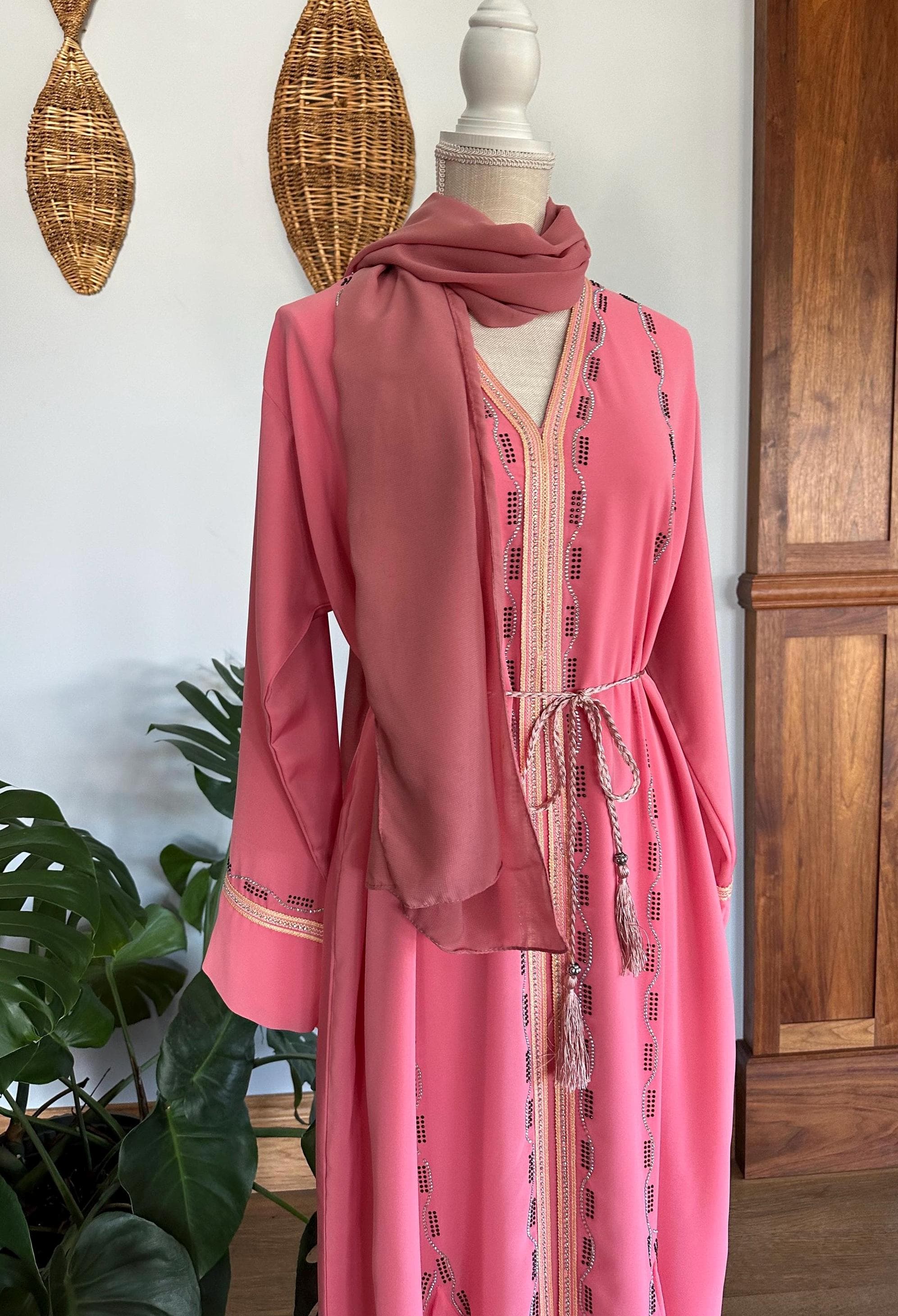 Coral Pink Abaya with Braided Belt & Headscarf