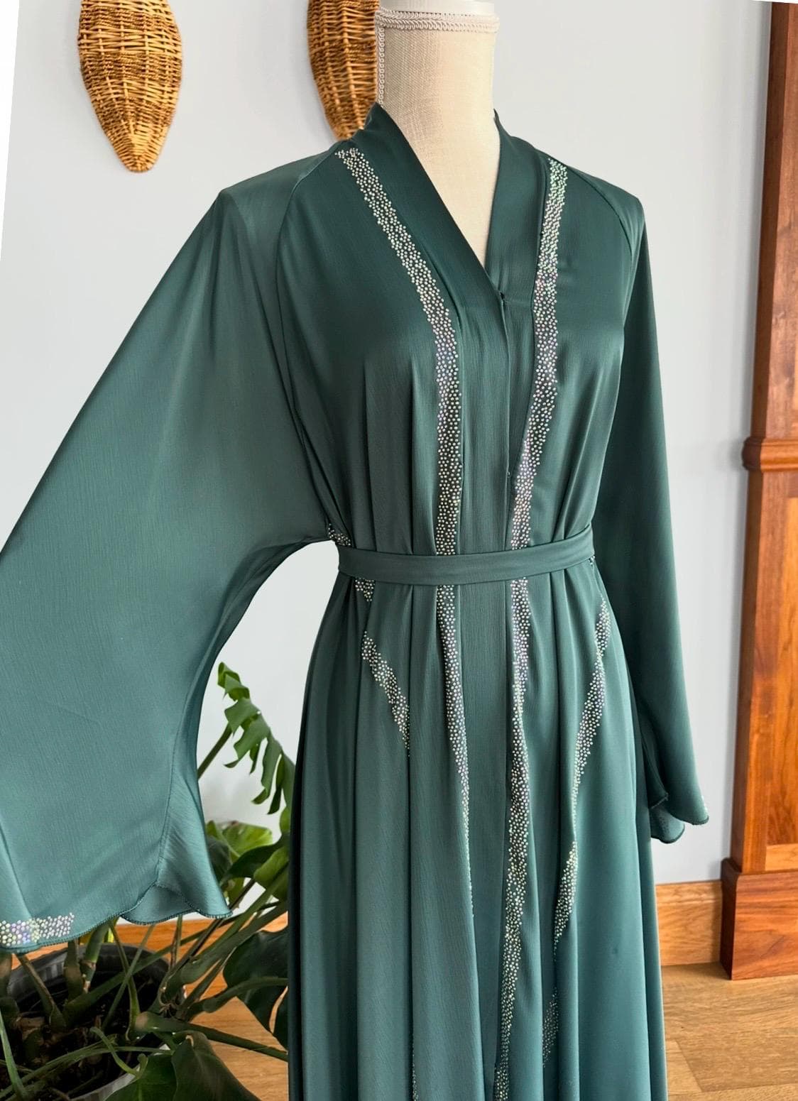 Green Beaded Dubai Abaya with Belt & Headscarf - image 3