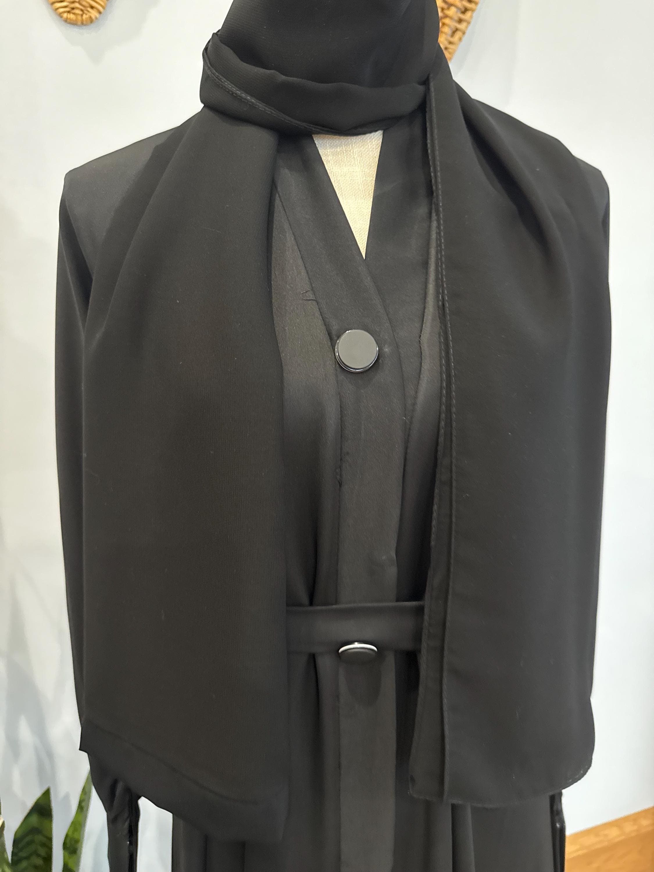 Black Buttoned Abaya with Belt & Headscarf: Modest Dubai Style - image 4