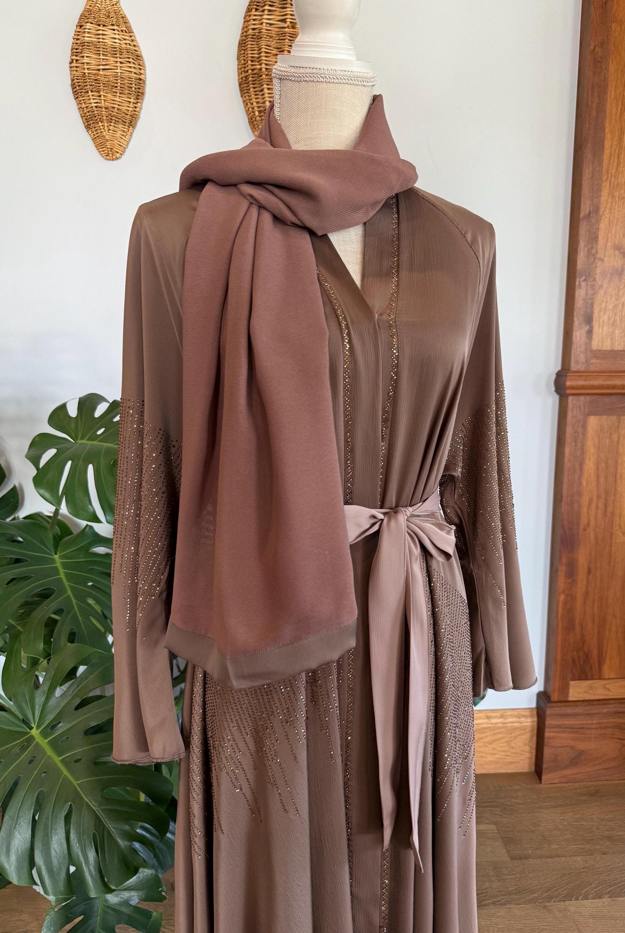 Champagne Brown Dubai Abaya with Gold Lines, Matching Belt & Headscarf